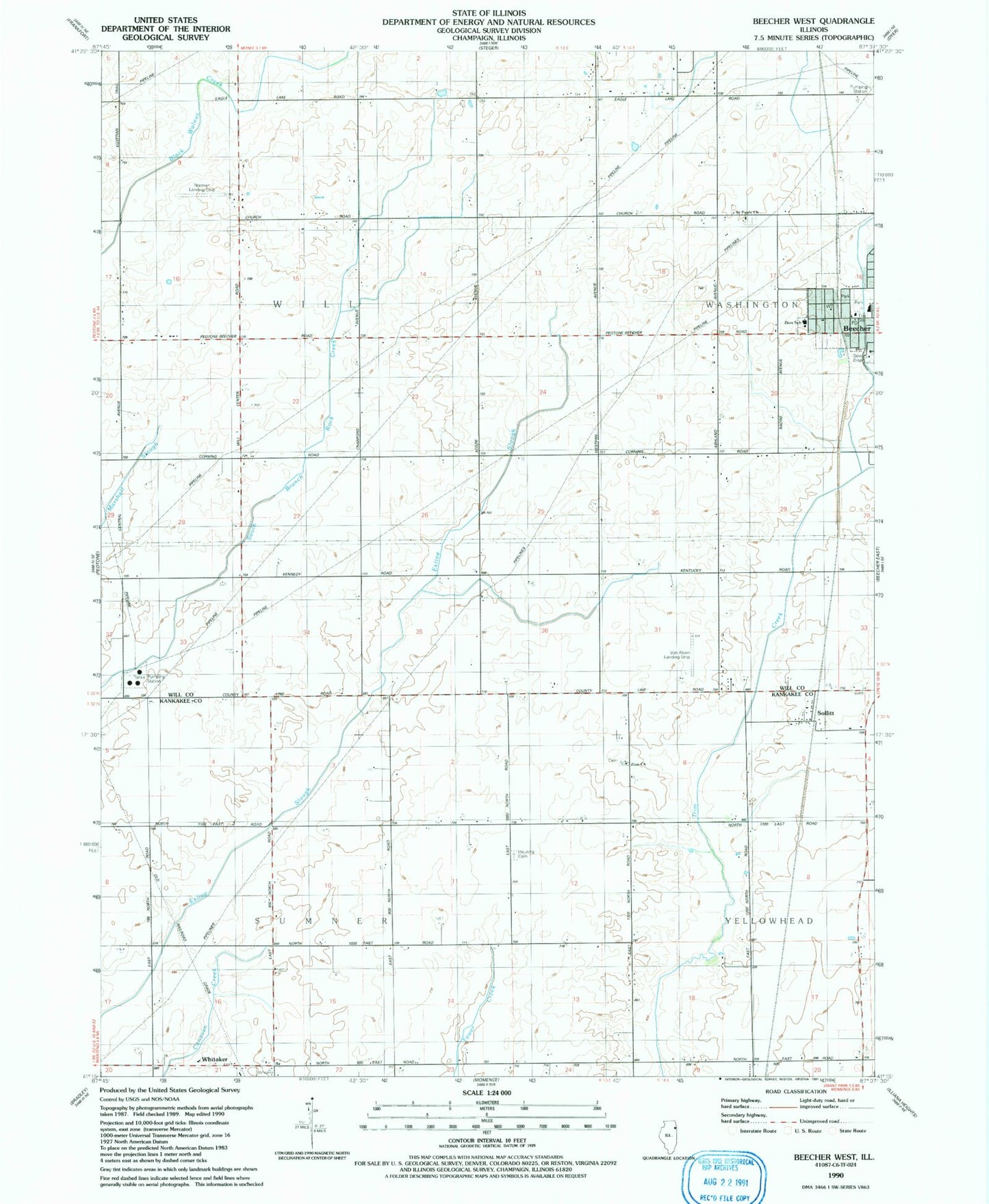 Classic USGS Beecher West Illinois 7.5'x7.5' Topo Map Image
