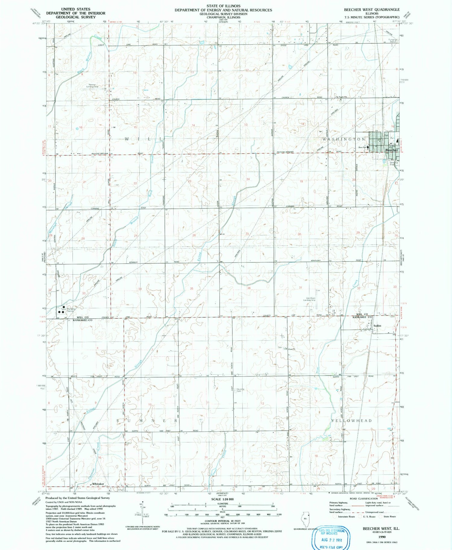 Classic USGS Beecher West Illinois 7.5'x7.5' Topo Map Image