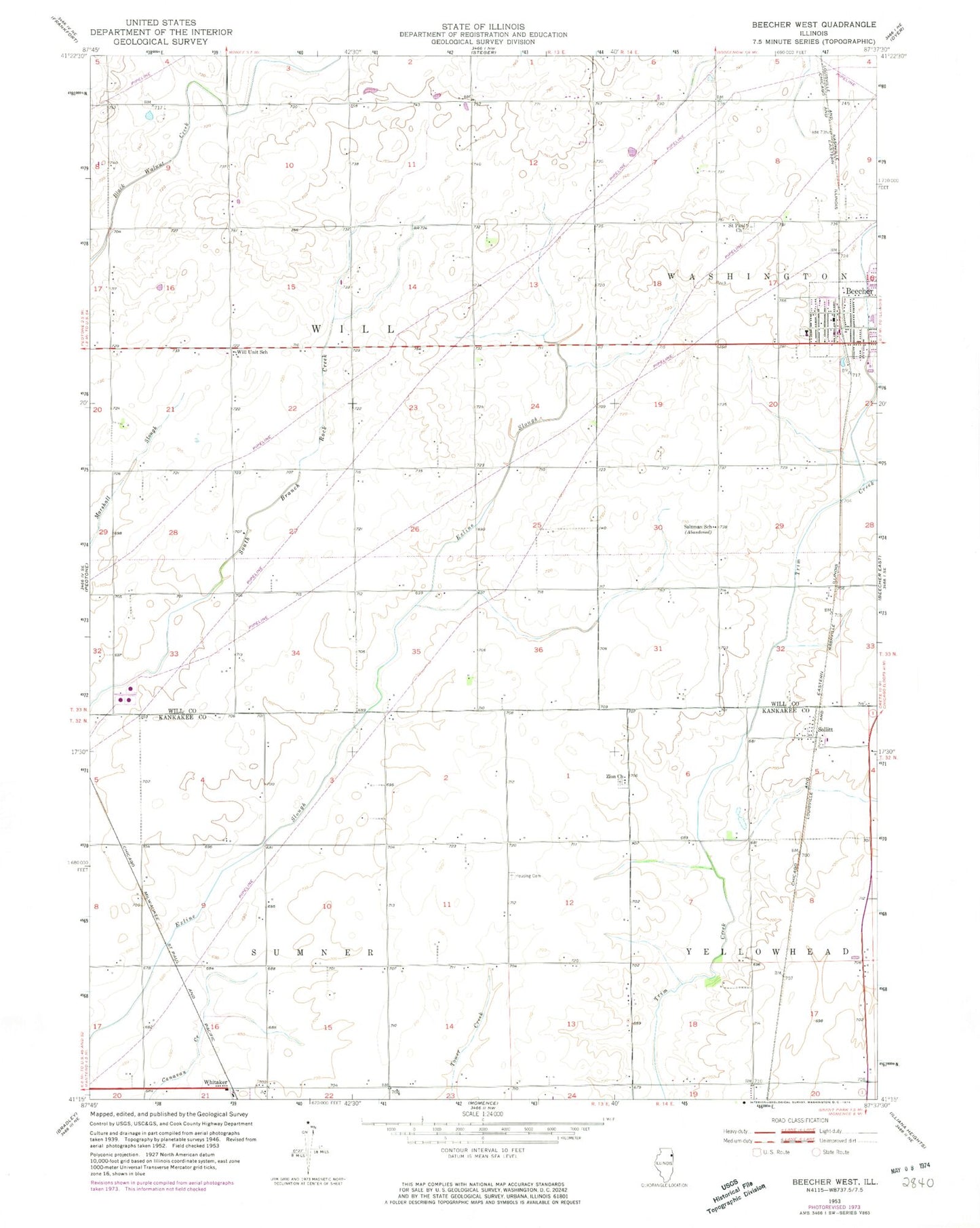 Classic USGS Beecher West Illinois 7.5'x7.5' Topo Map Image