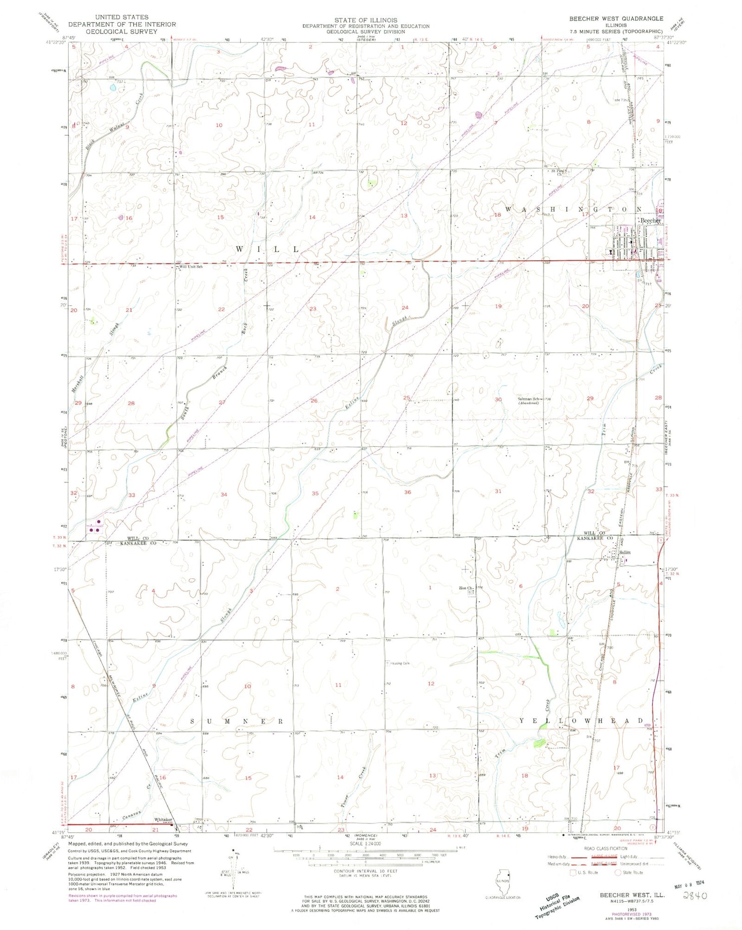 Classic USGS Beecher West Illinois 7.5'x7.5' Topo Map Image