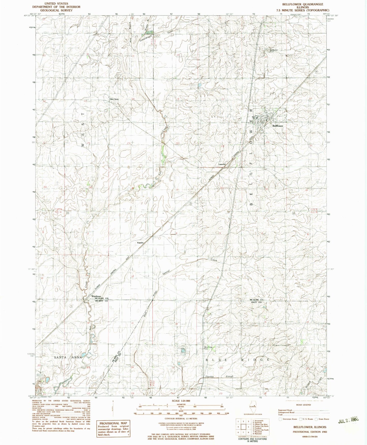 Classic USGS Bellflower Illinois 7.5'x7.5' Topo Map Image