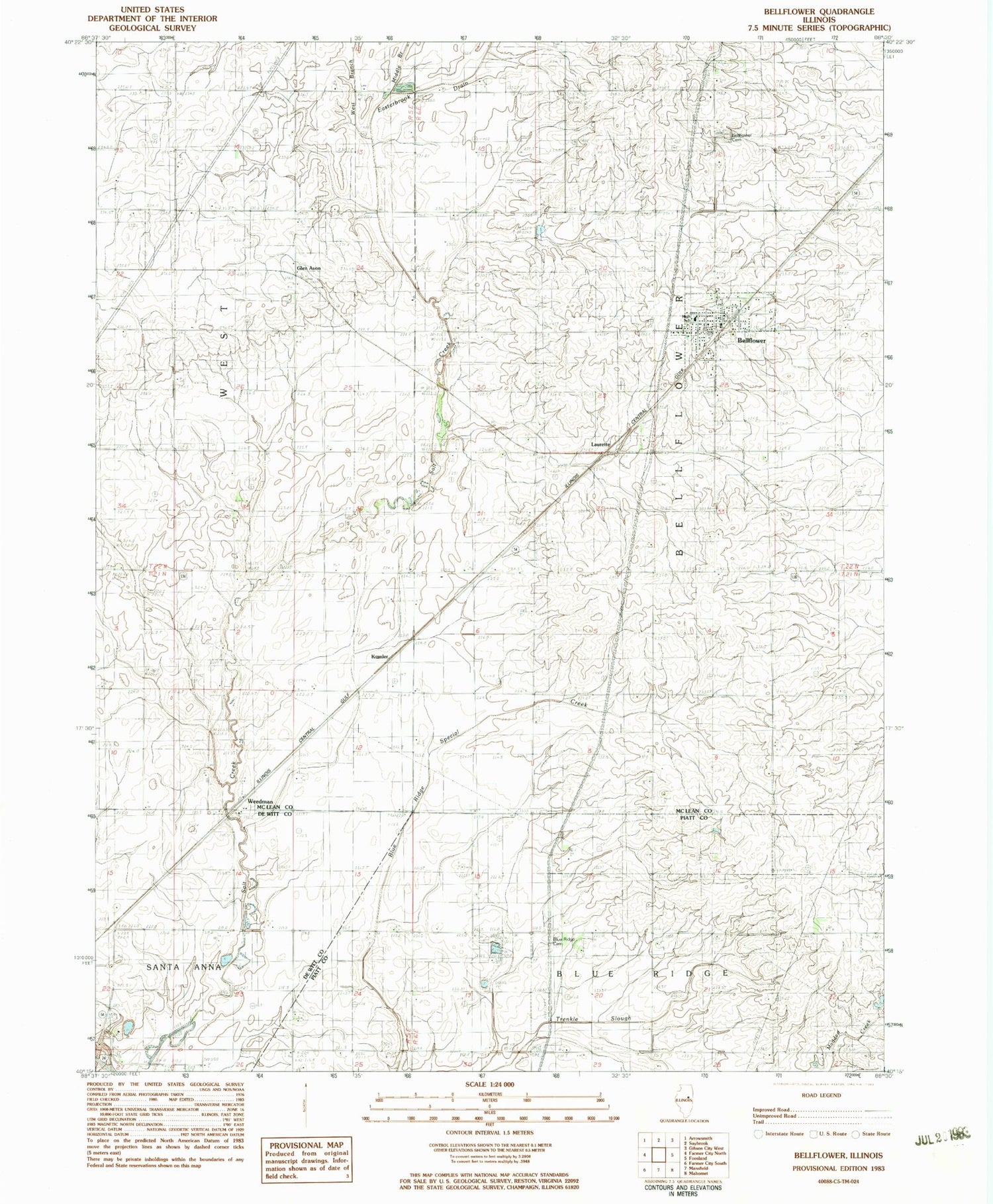 Classic USGS Bellflower Illinois 7.5'x7.5' Topo Map Image