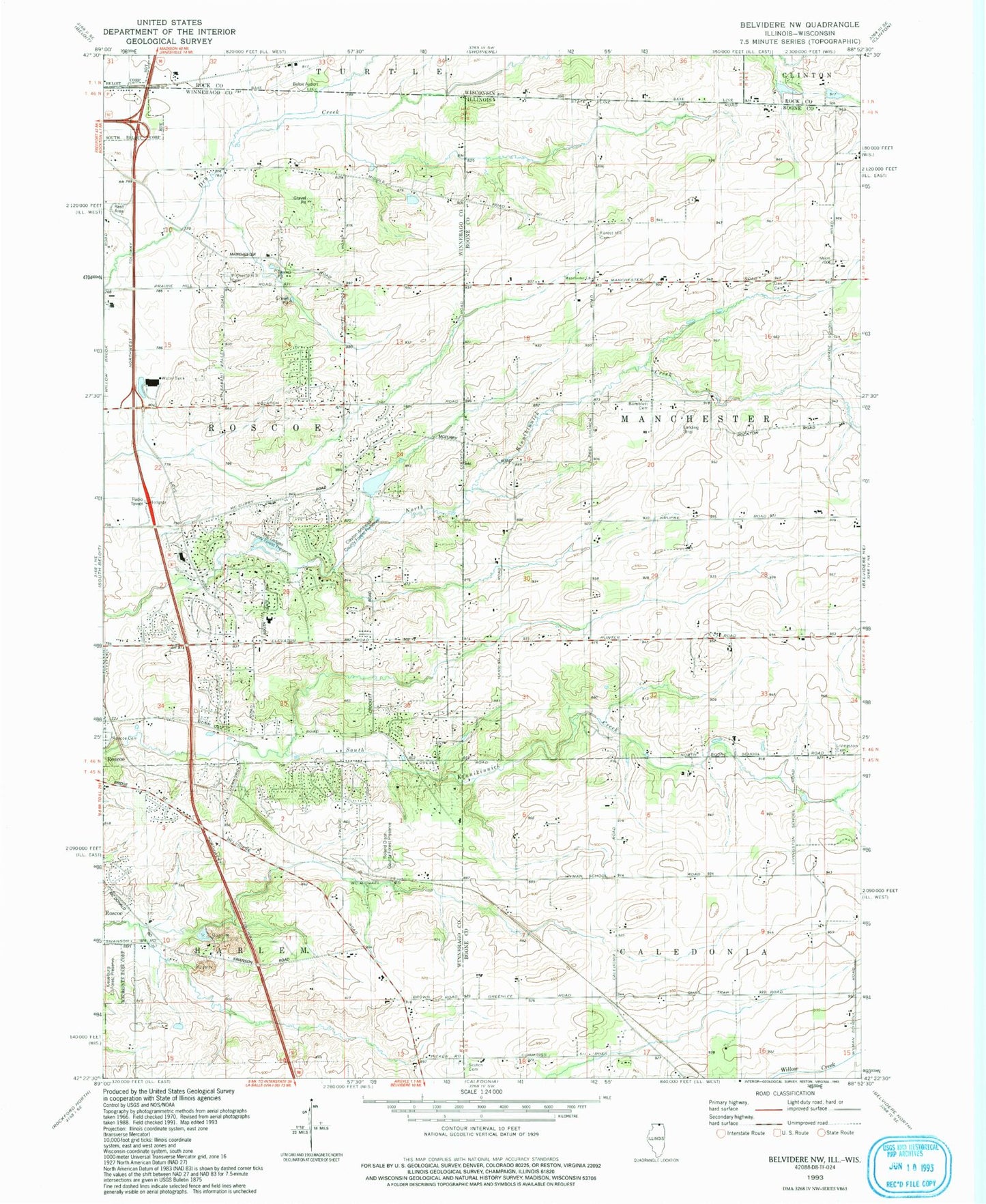 Classic USGS Belvidere NW Illinois 7.5'x7.5' Topo Map Image