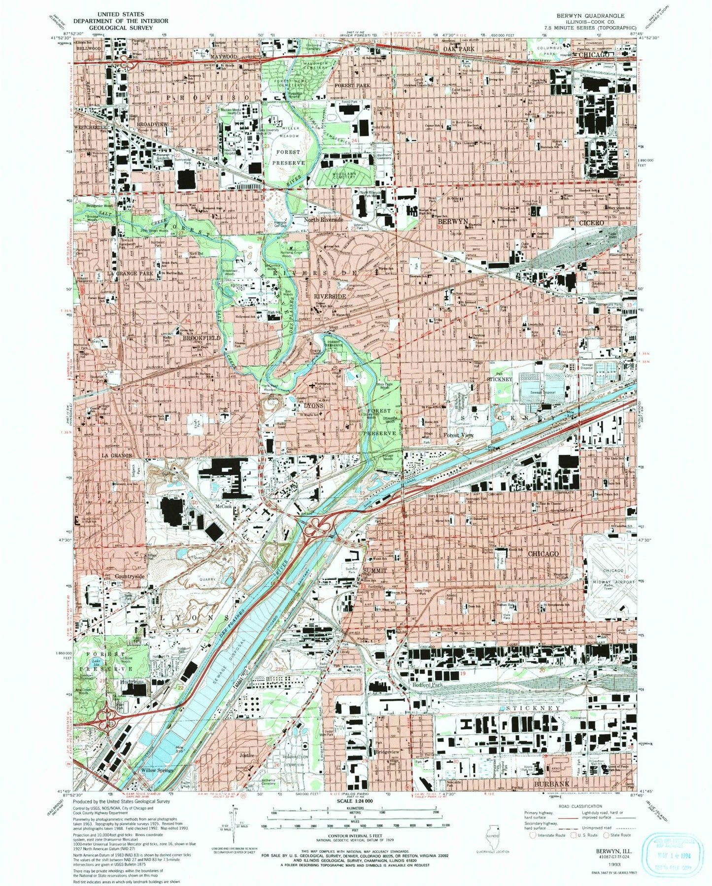 Classic USGS Berwyn Illinois 7.5'x7.5' Topo Map Image