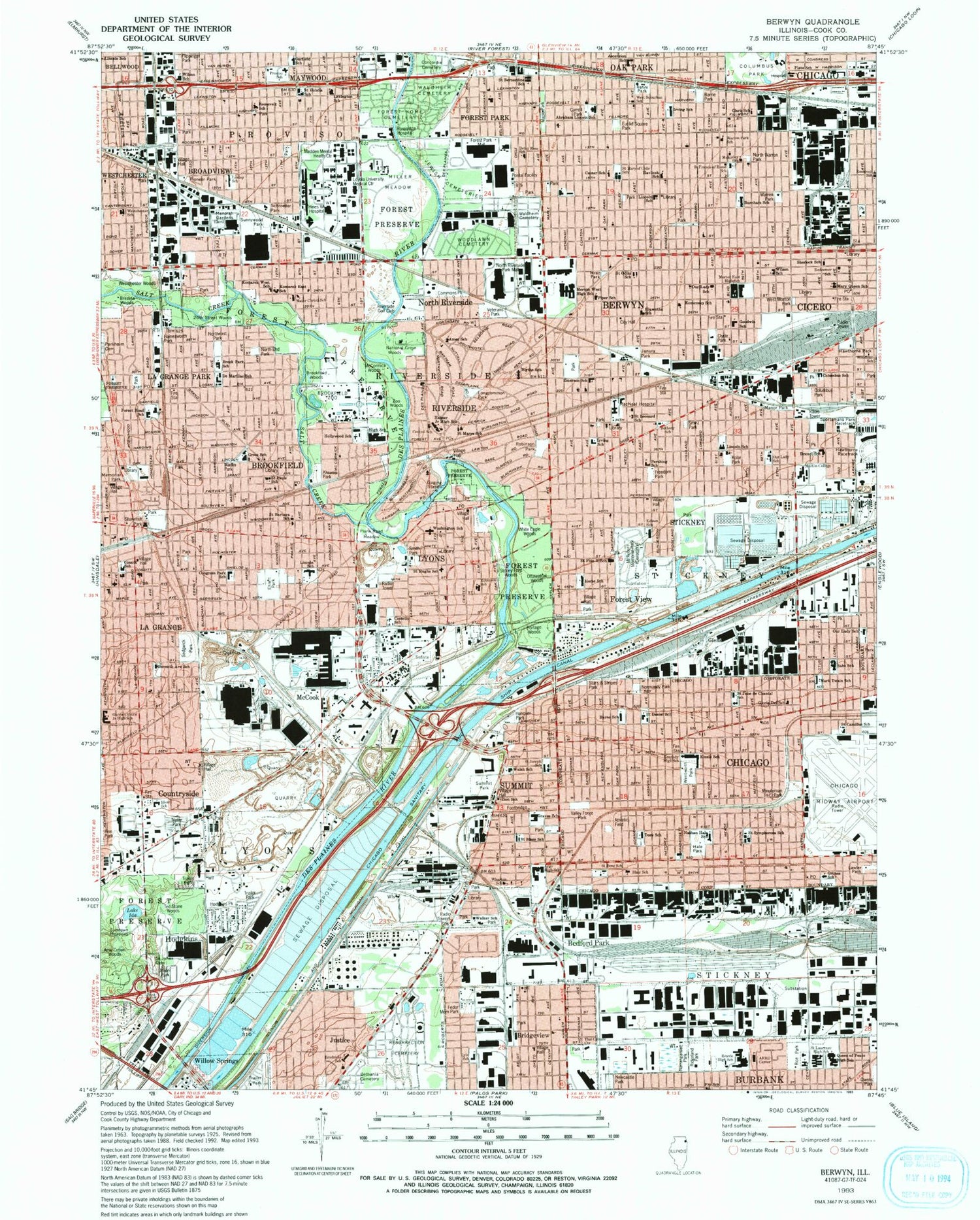 Classic USGS Berwyn Illinois 7.5'x7.5' Topo Map Image
