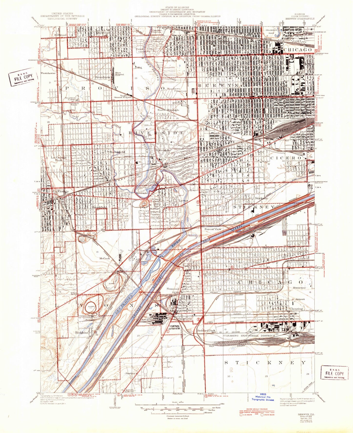 Classic USGS Berwyn Illinois 7.5'x7.5' Topo Map Image