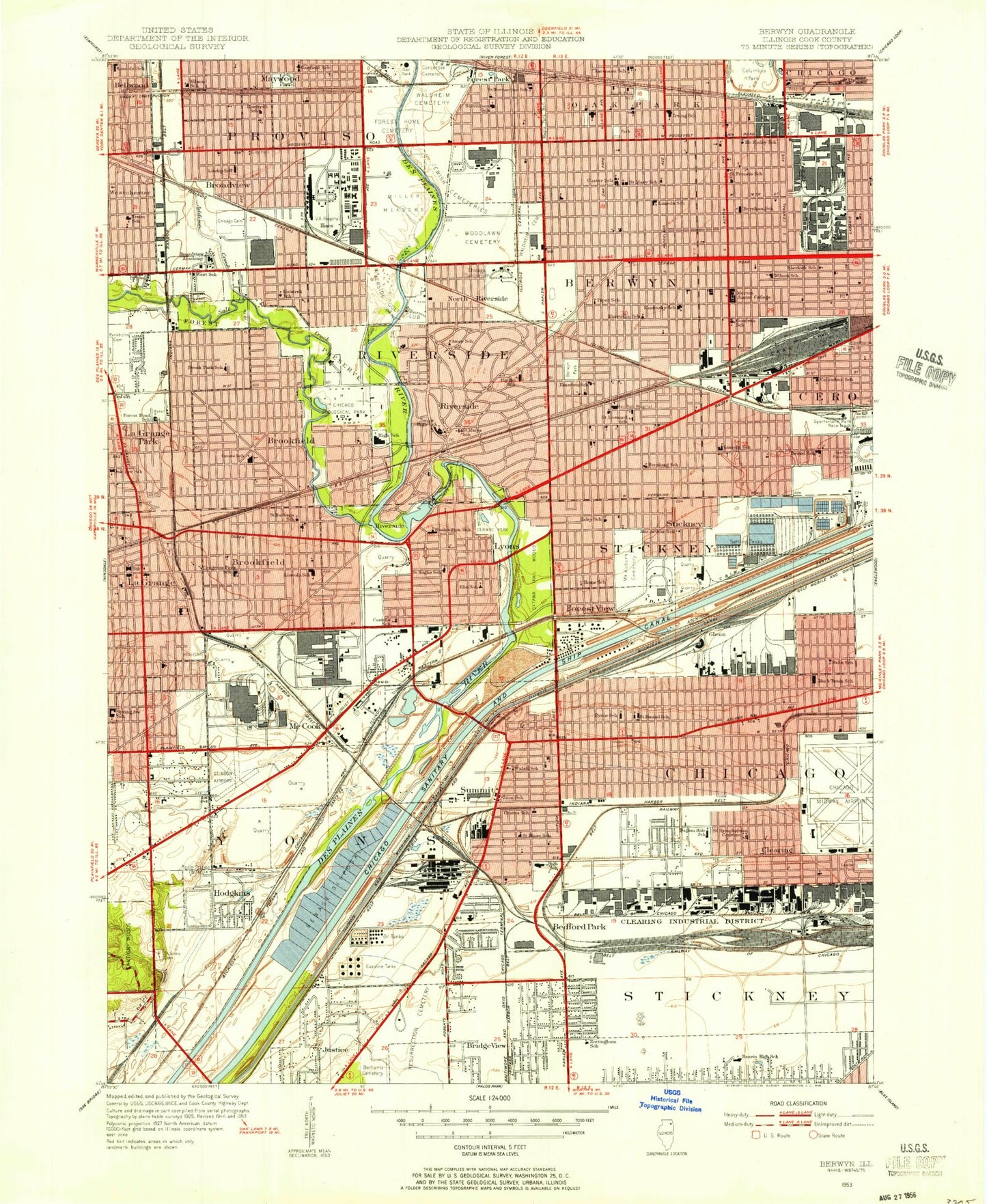 Classic USGS Berwyn Illinois 7.5'x7.5' Topo Map Image