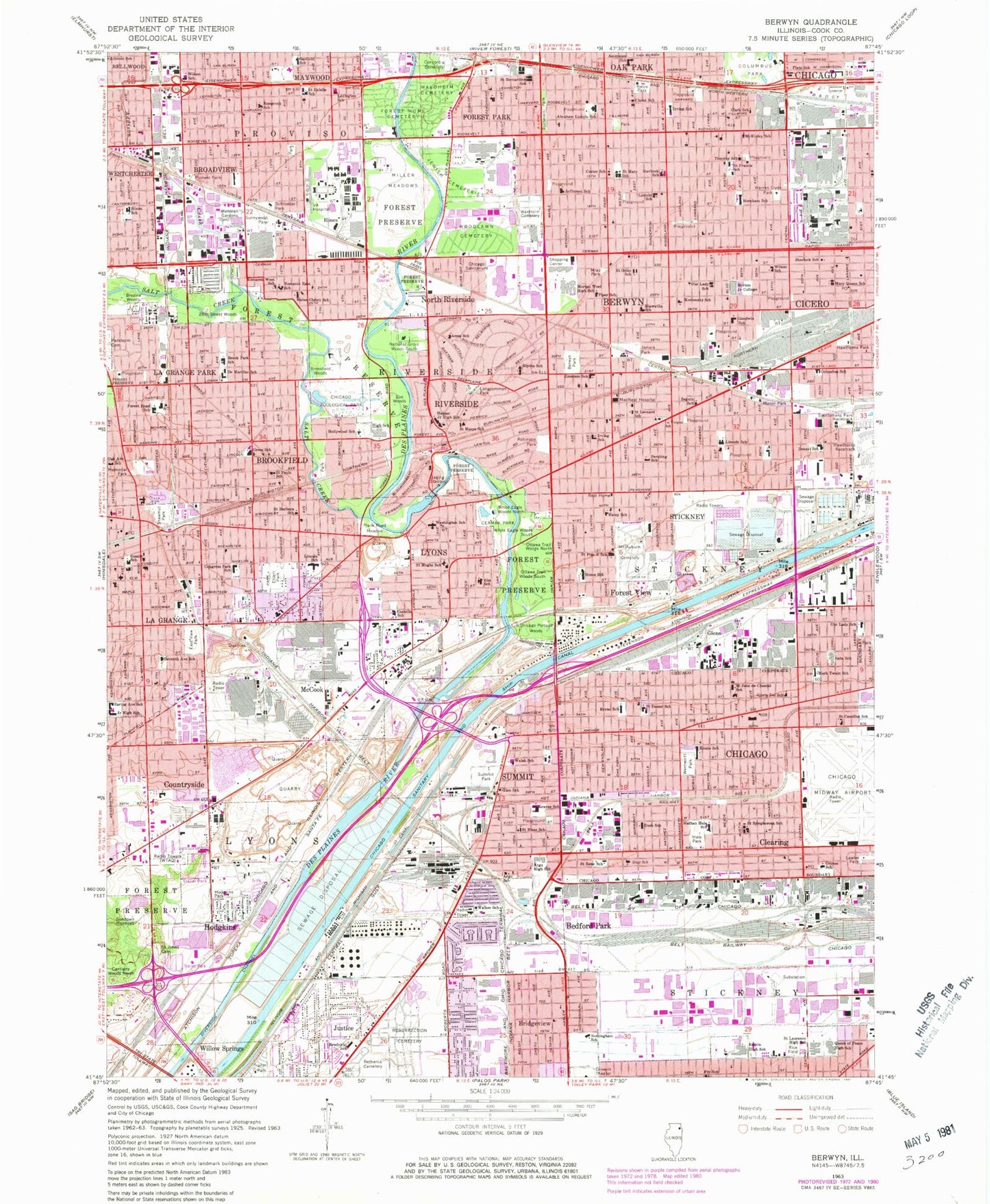 Classic USGS Berwyn Illinois 7.5'x7.5' Topo Map Image