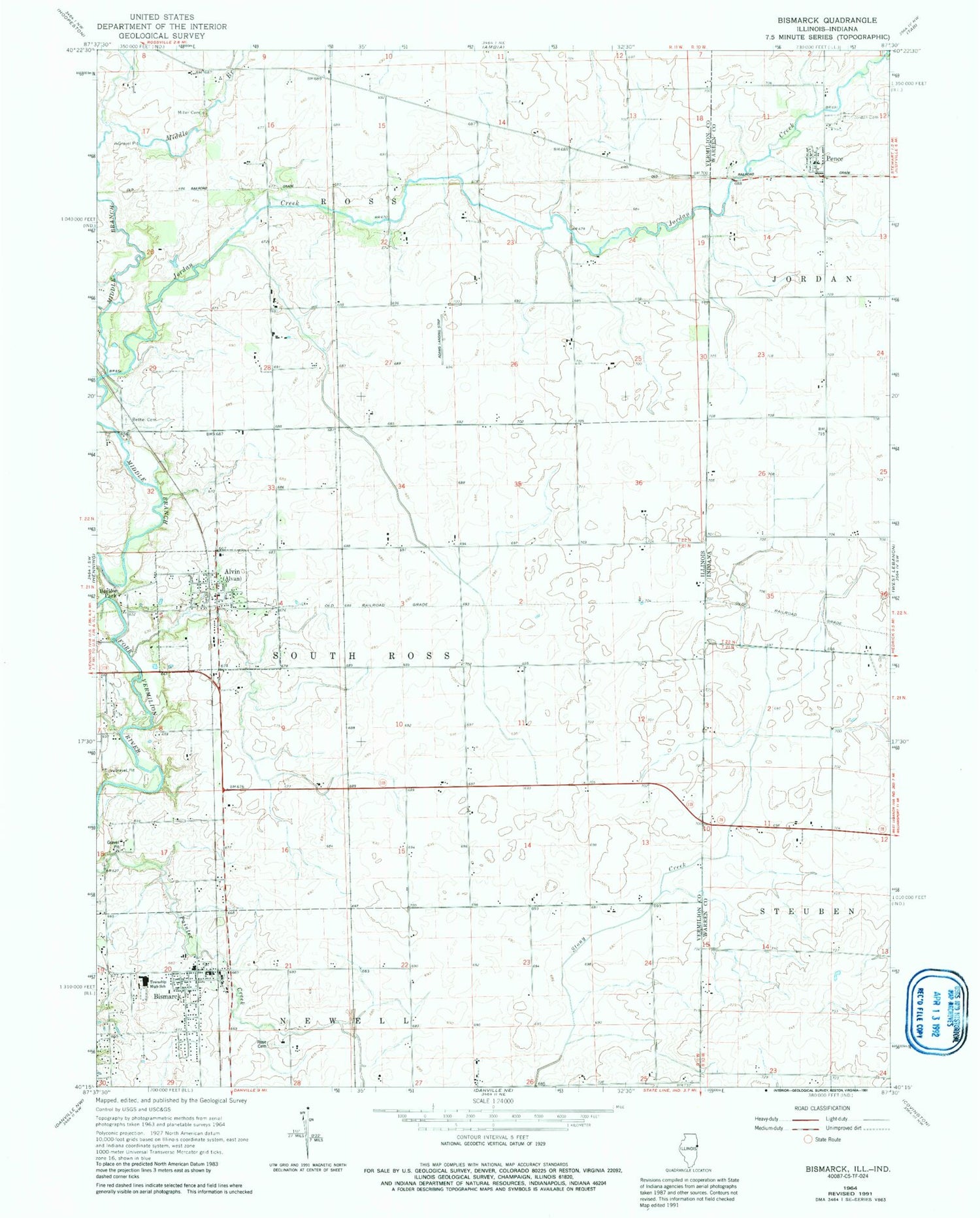 Classic USGS Bismarck Illinois 7.5'x7.5' Topo Map Image