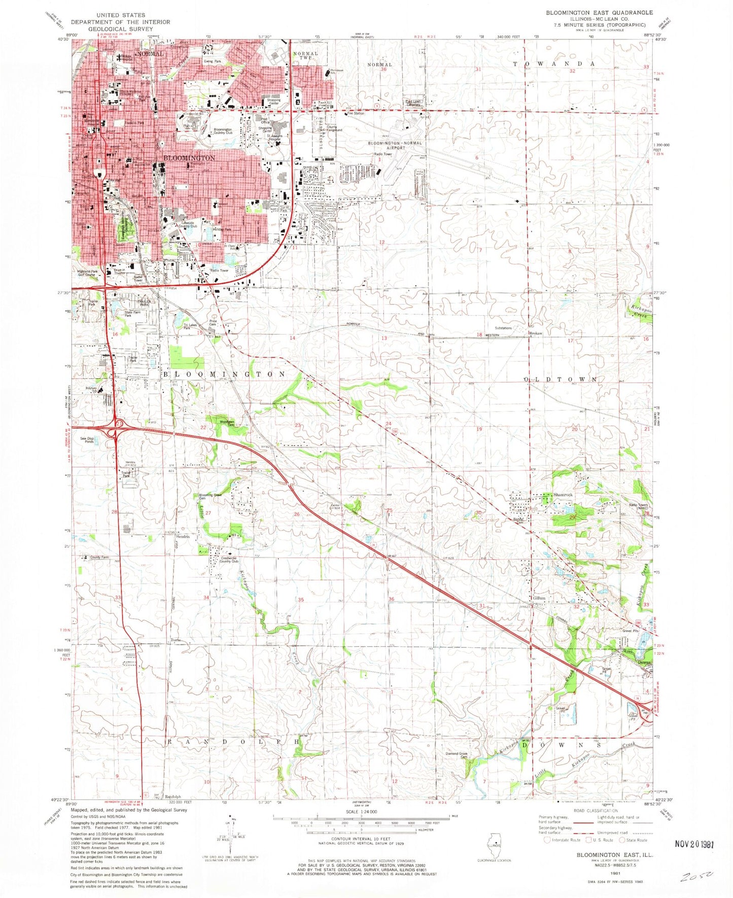 Classic USGS Bloomington East Illinois 7.5'x7.5' Topo Map Image