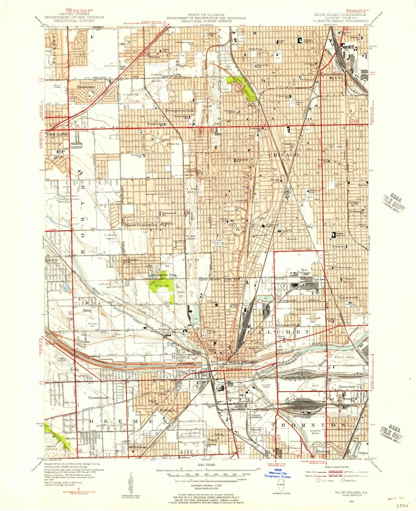 Classic USGS Blue Island Illinois 7.5'x7.5' Topo Map Image