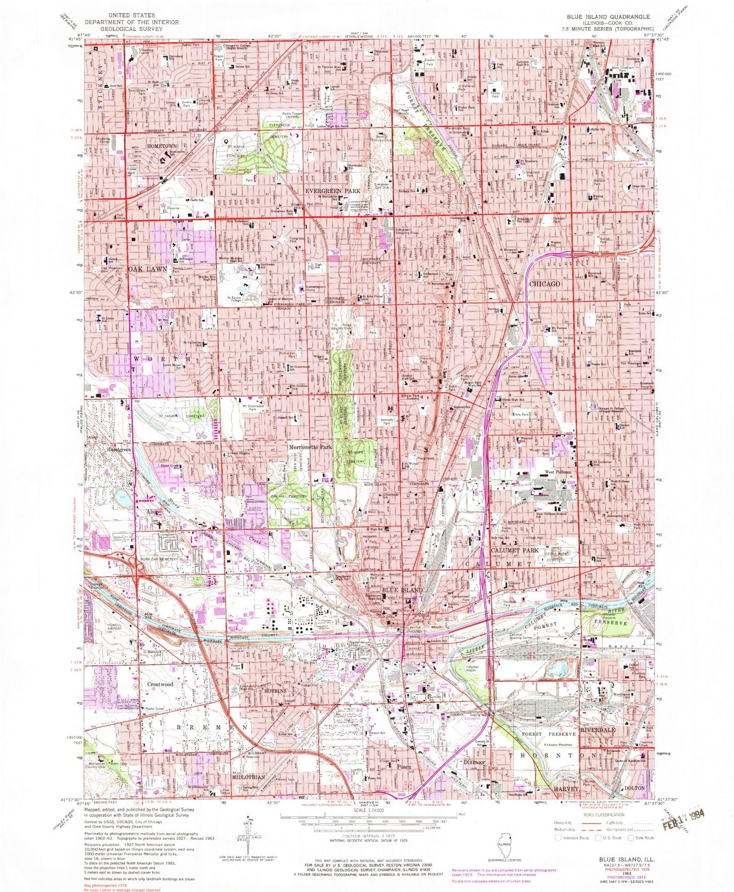 Classic USGS Blue Island Illinois 7.5'x7.5' Topo Map Image