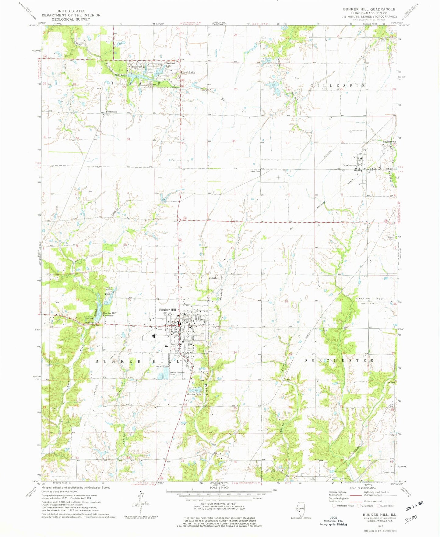 Classic USGS Bunker Hill Illinois 7.5'x7.5' Topo Map Image