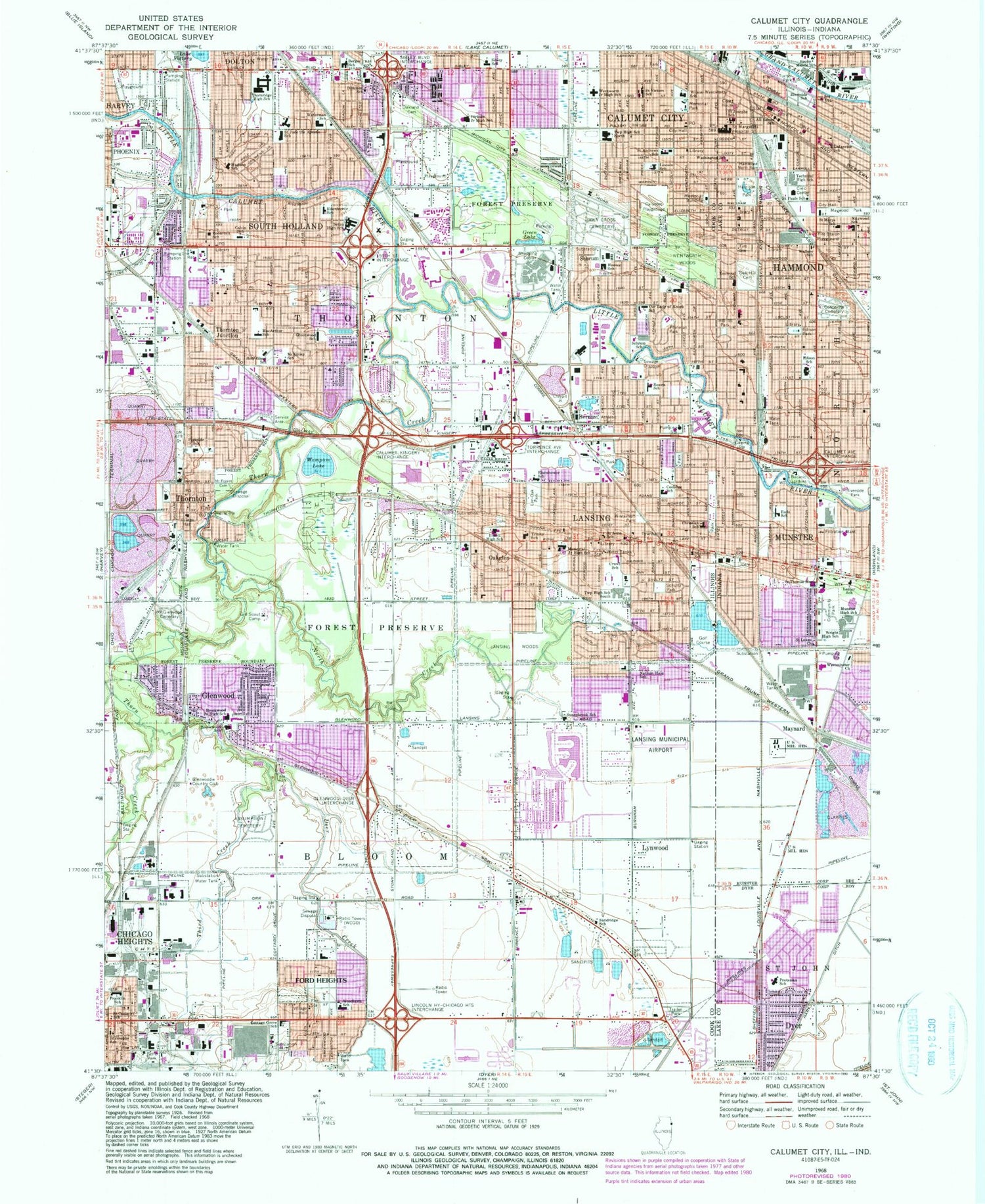 Classic USGS Calumet City Illinois 7.5'x7.5' Topo Map Image