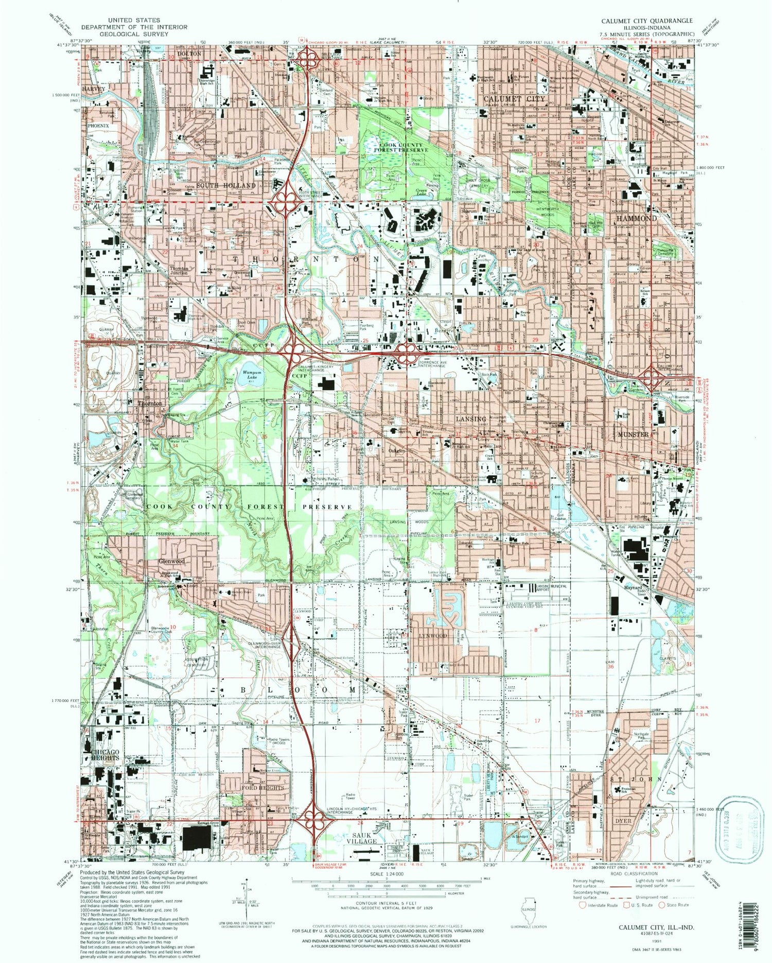 Classic USGS Calumet City Illinois 7.5'x7.5' Topo Map Image