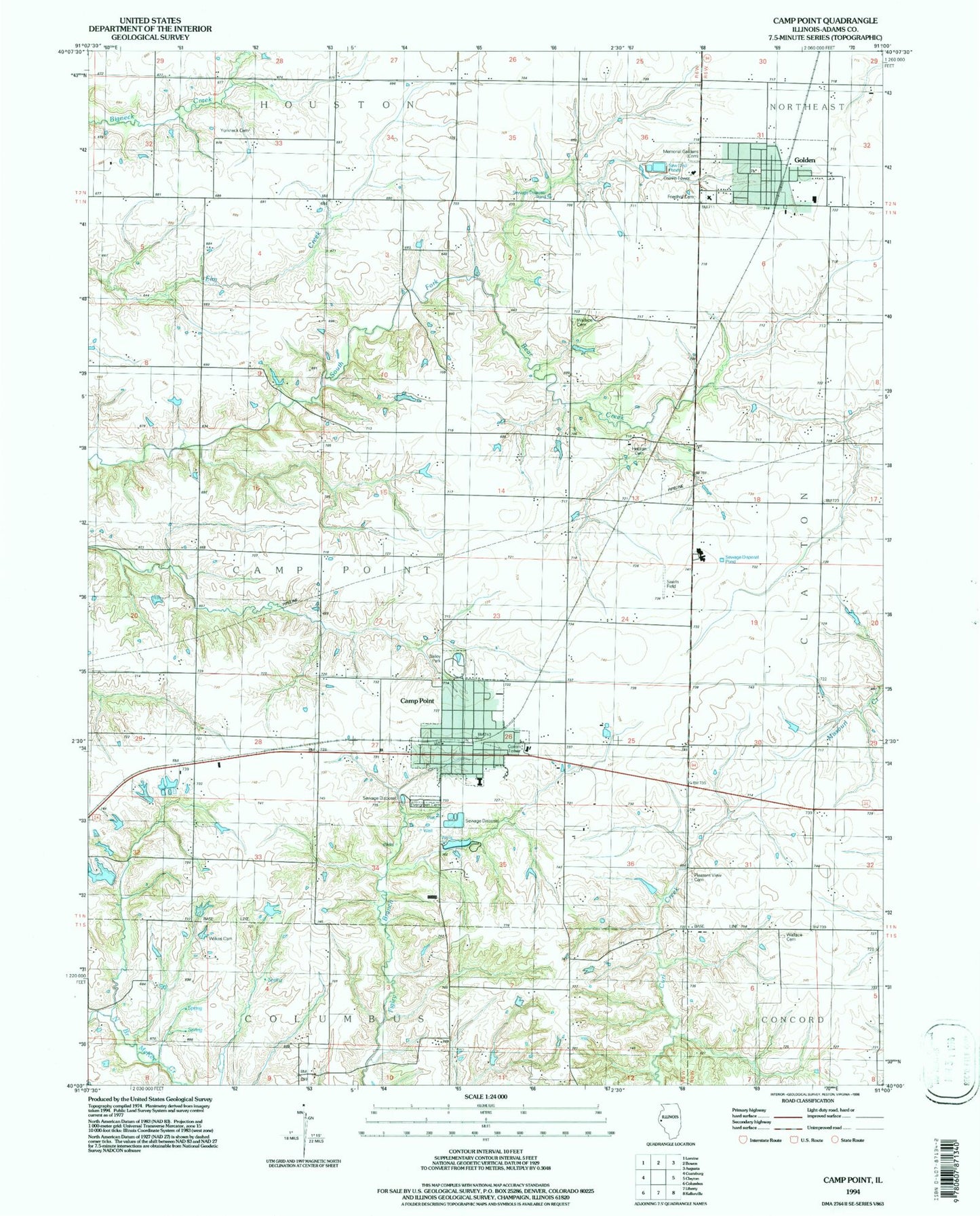 Classic USGS Camp Point Illinois 7.5'x7.5' Topo Map Image