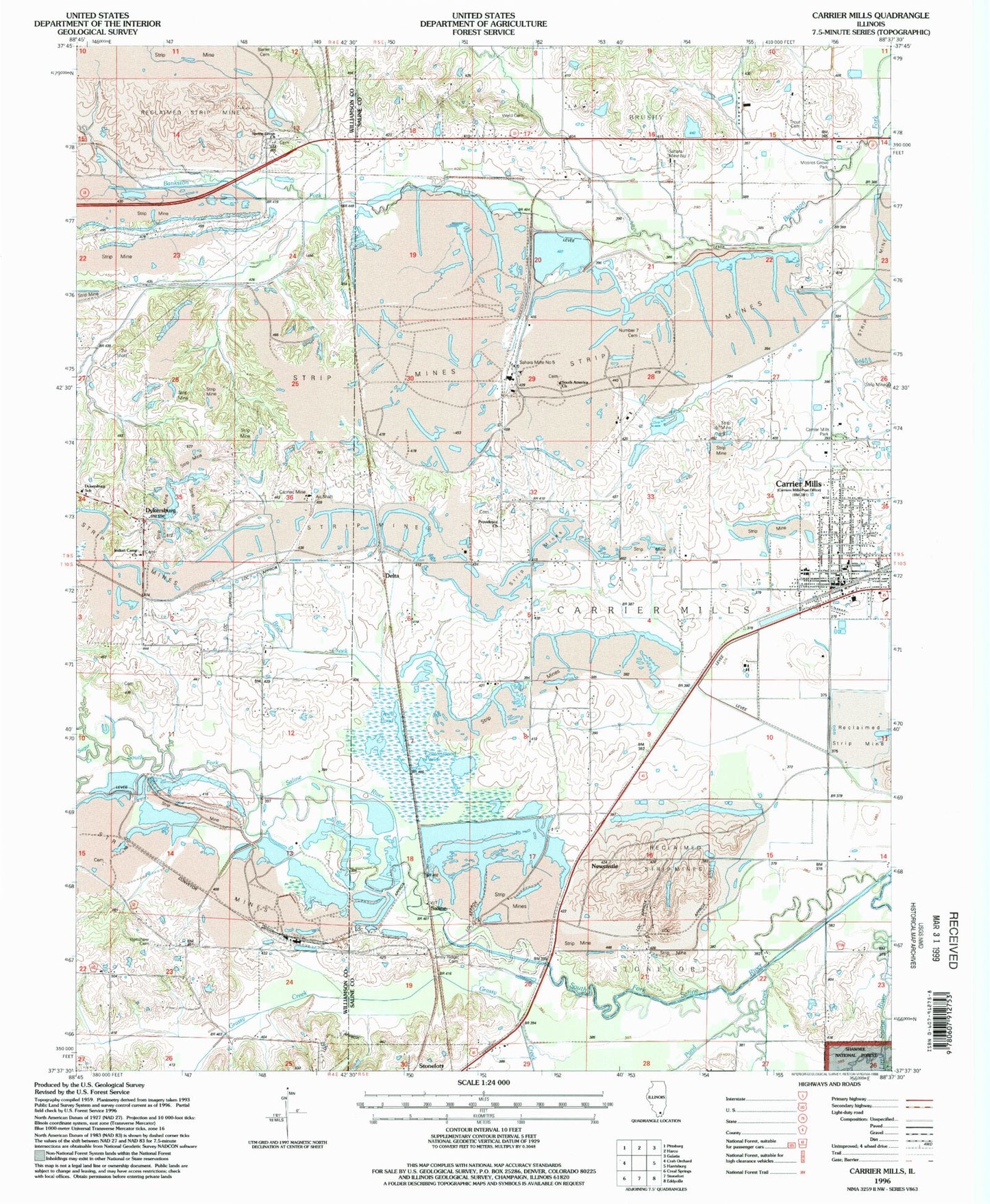 Classic USGS Carrier Mills Illinois 7.5'x7.5' Topo Map Image