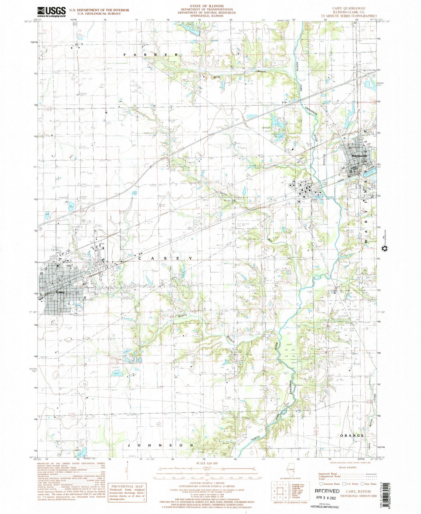 Classic USGS Casey Illinois 7.5'x7.5' Topo Map Image