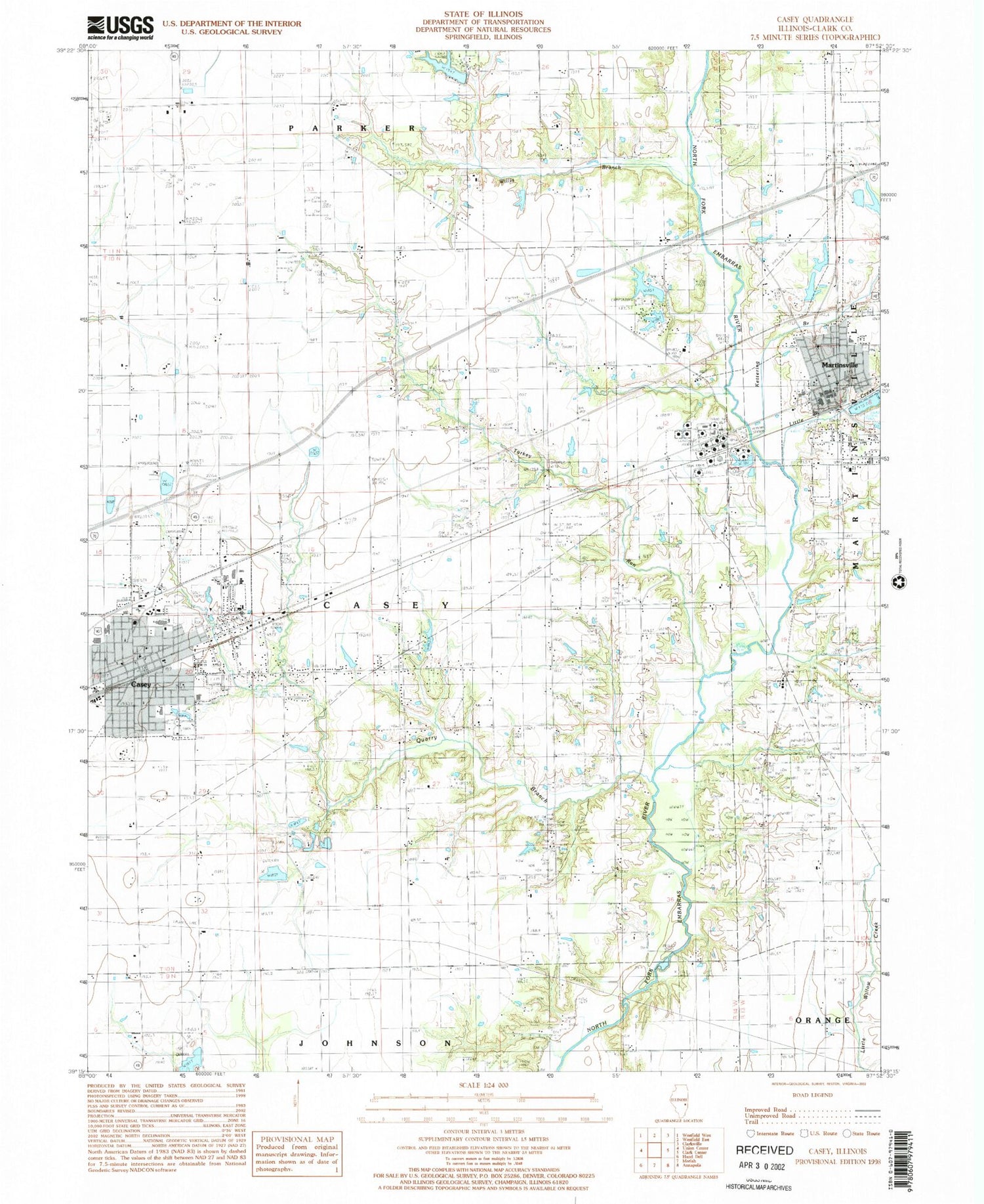 Classic USGS Casey Illinois 7.5'x7.5' Topo Map Image
