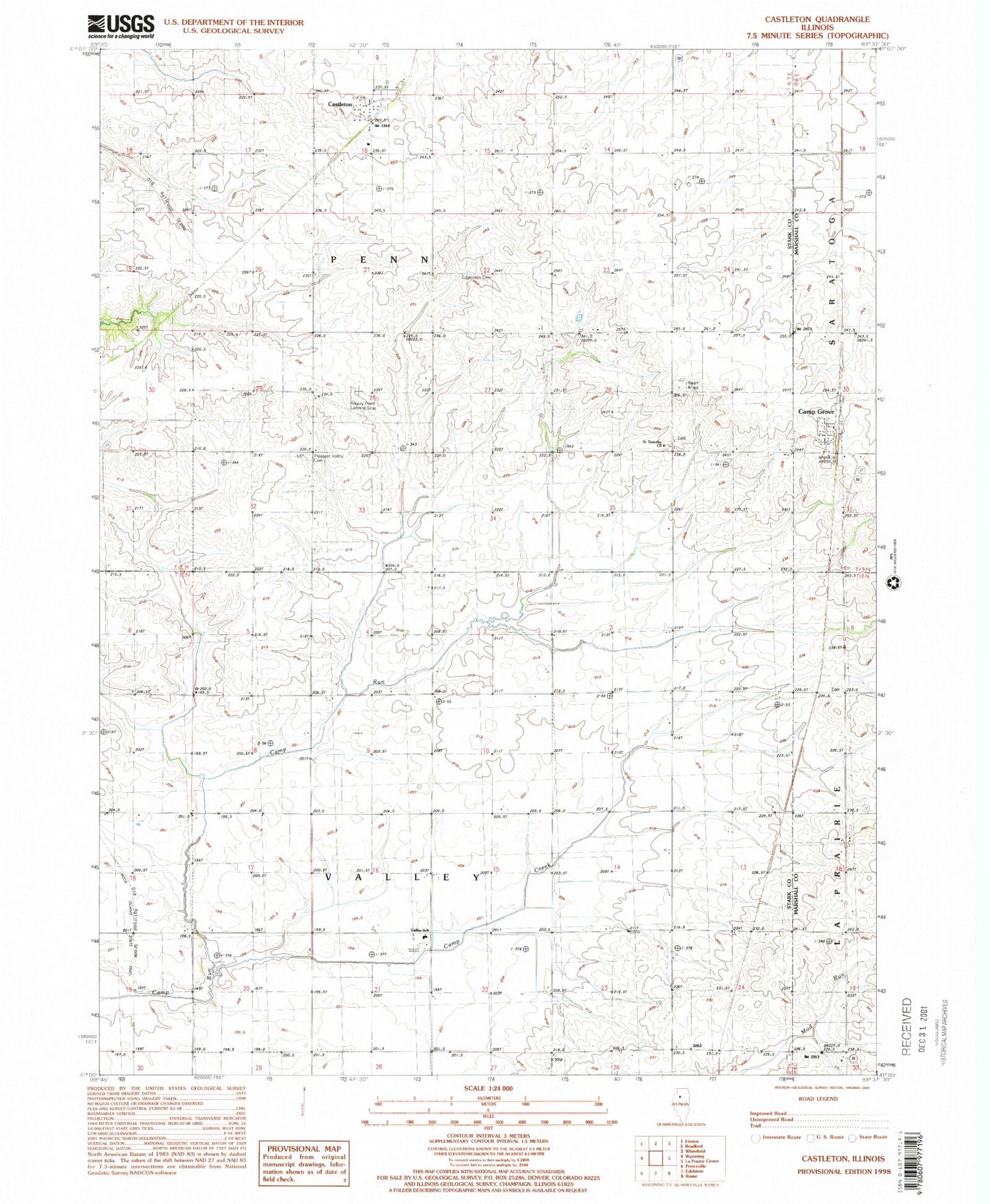 Classic USGS Castleton Illinois 7.5'x7.5' Topo Map Image