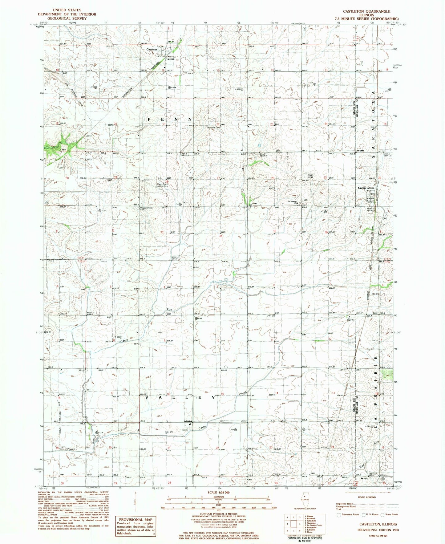 Classic USGS Castleton Illinois 7.5'x7.5' Topo Map Image