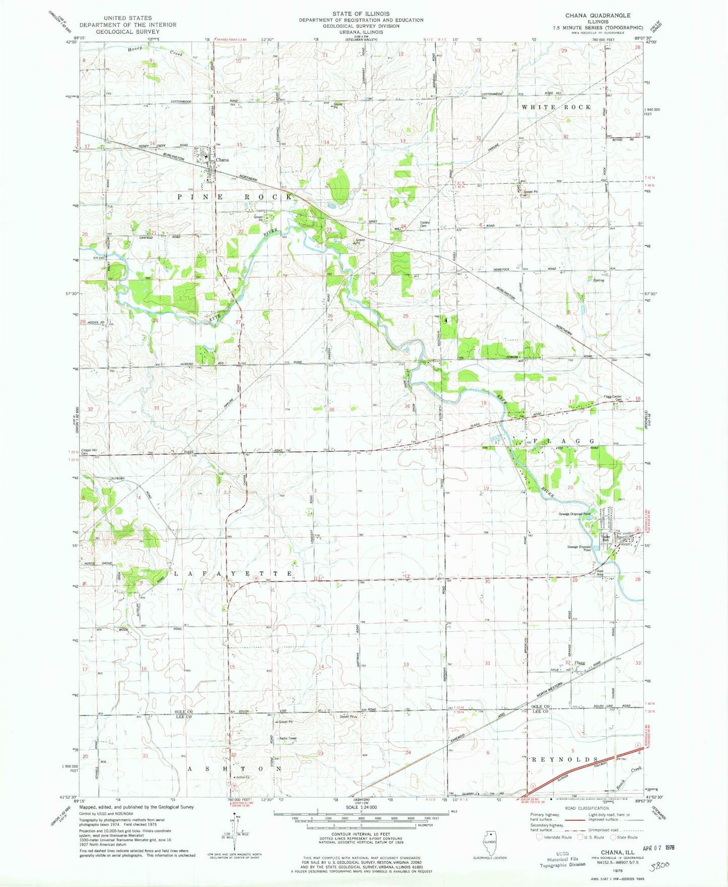Classic USGS Chana Illinois 7.5'x7.5' Topo Map Image