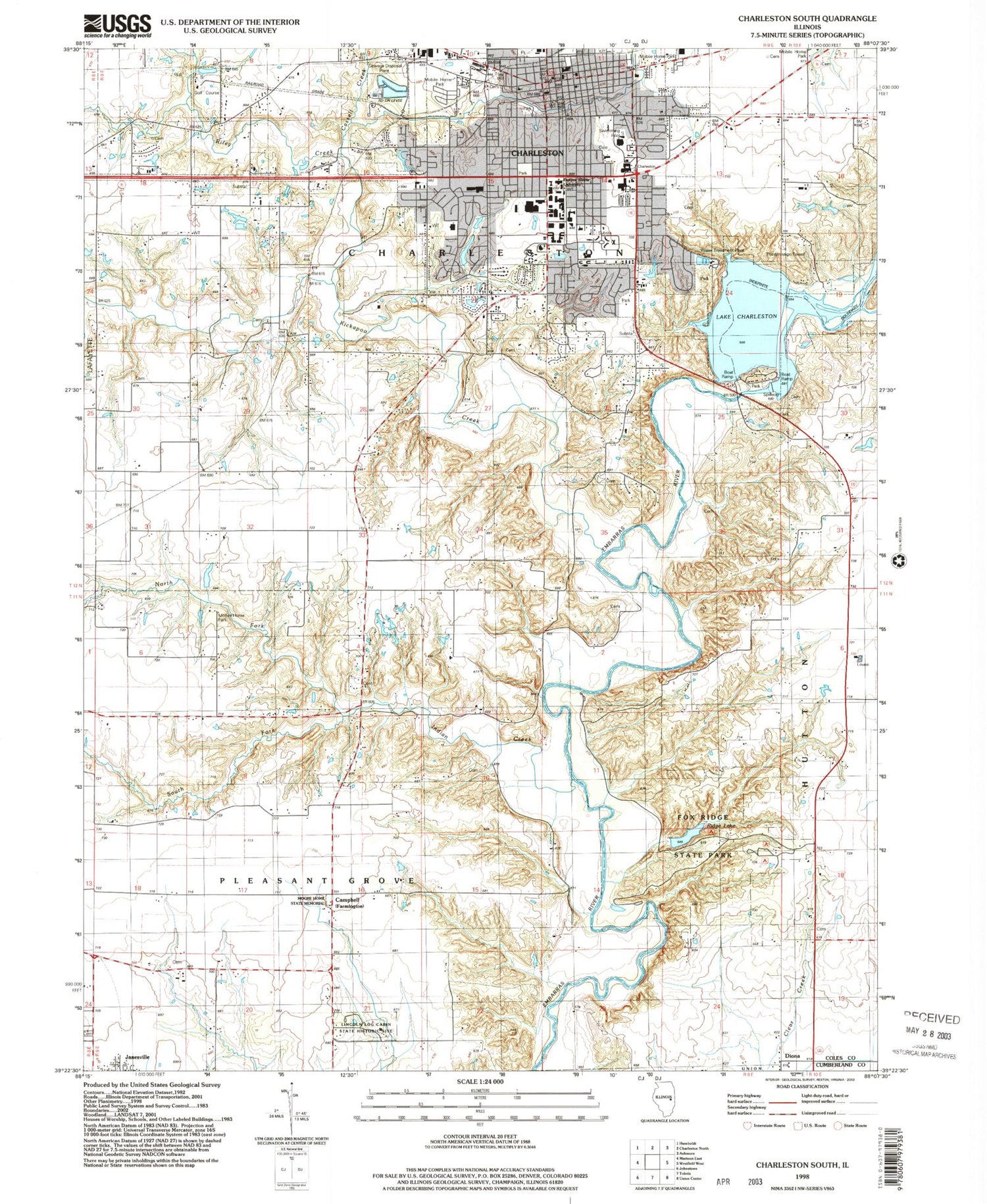 Classic USGS Charleston South Illinois 7.5'x7.5' Topo Map Image