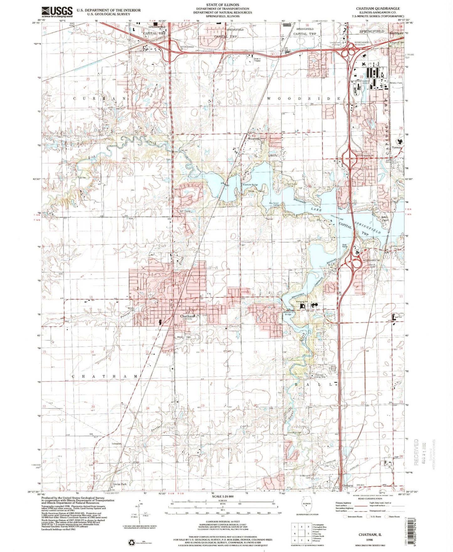 Classic USGS Chatham Illinois 7.5'x7.5' Topo Map Image