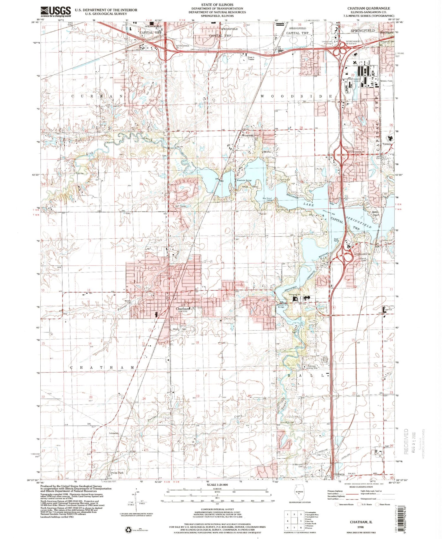 Classic USGS Chatham Illinois 7.5'x7.5' Topo Map Image