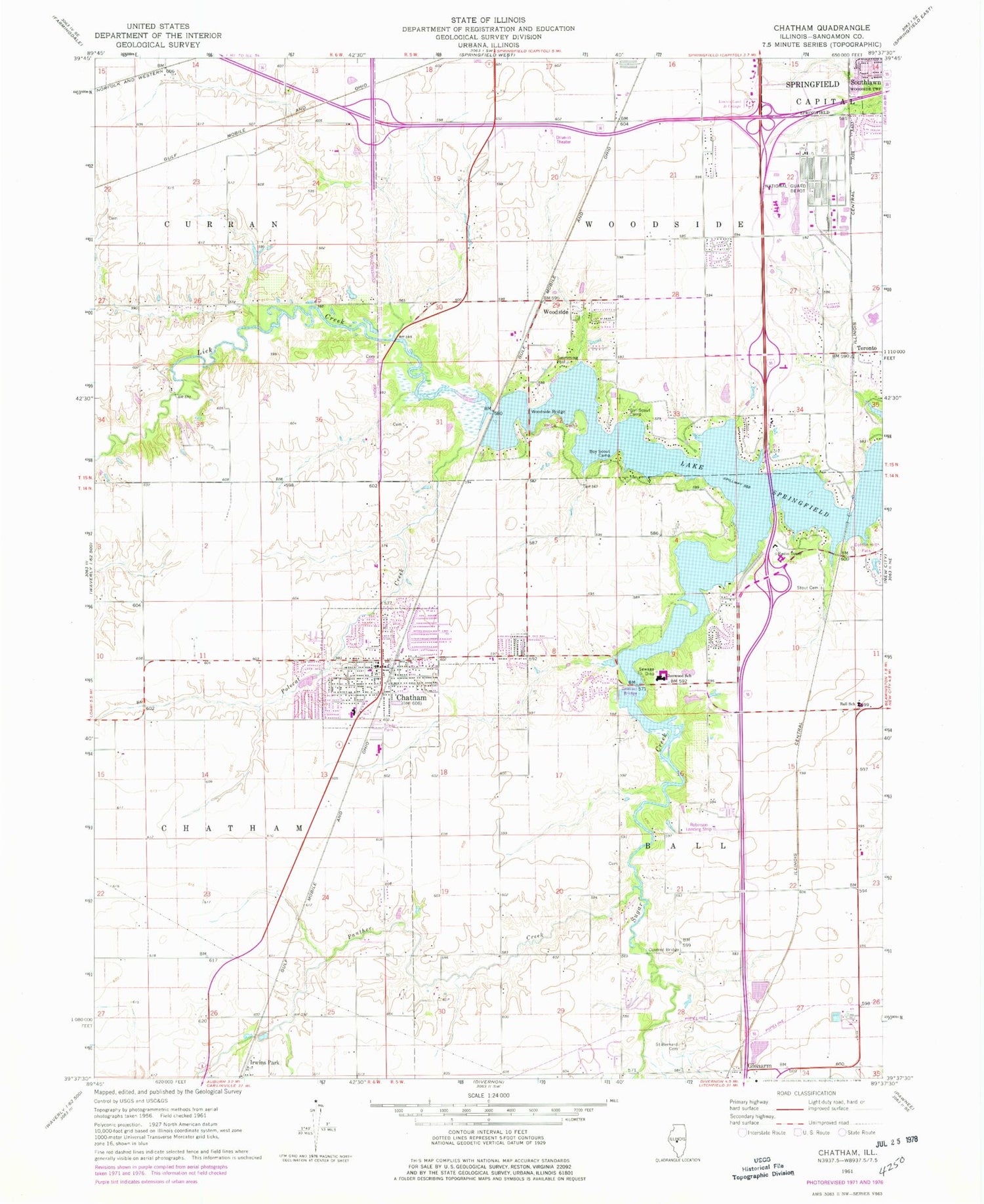 Classic USGS Chatham Illinois 7.5'x7.5' Topo Map Image