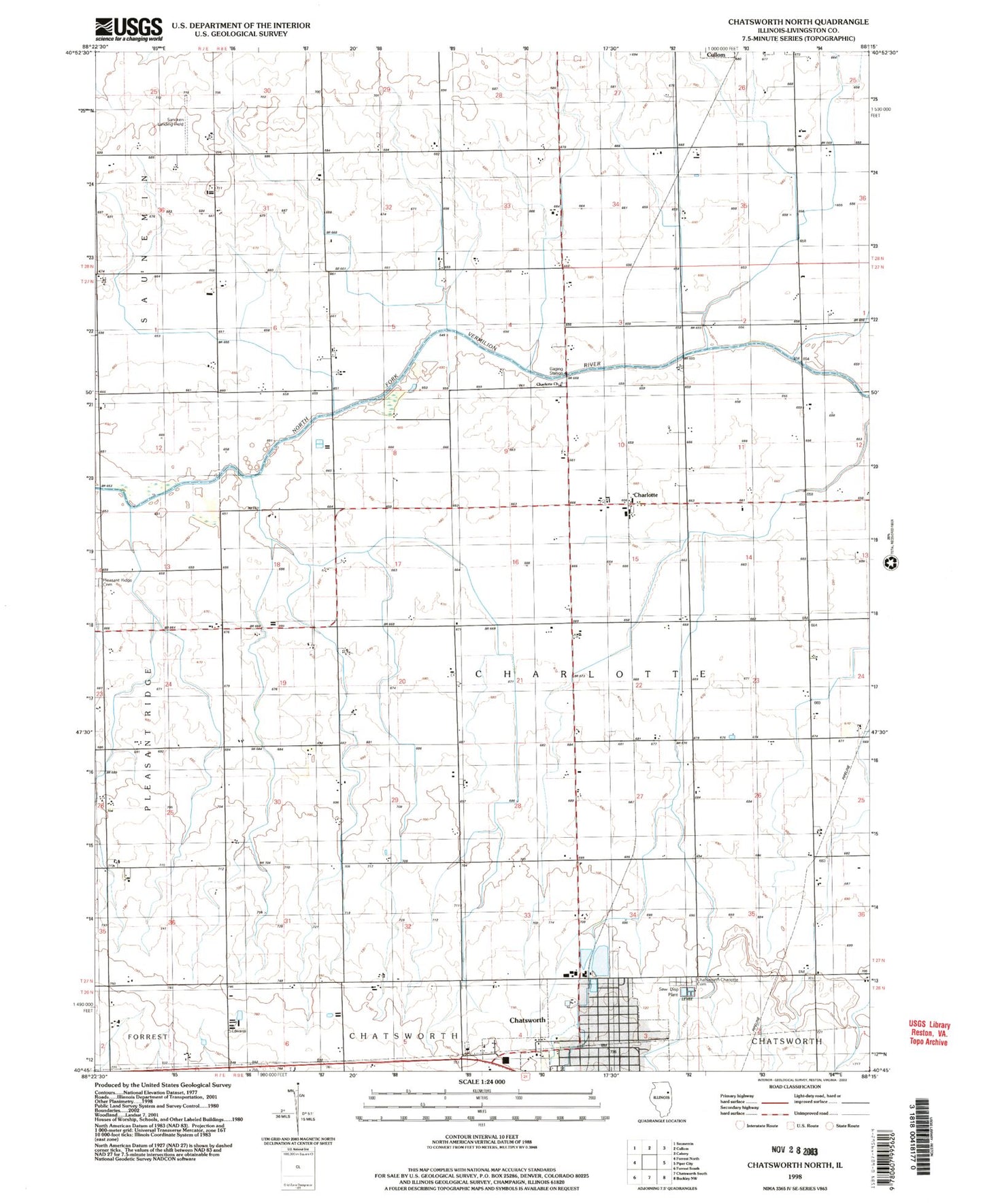 Classic USGS Chatsworth North Illinois 7.5'x7.5' Topo Map Image