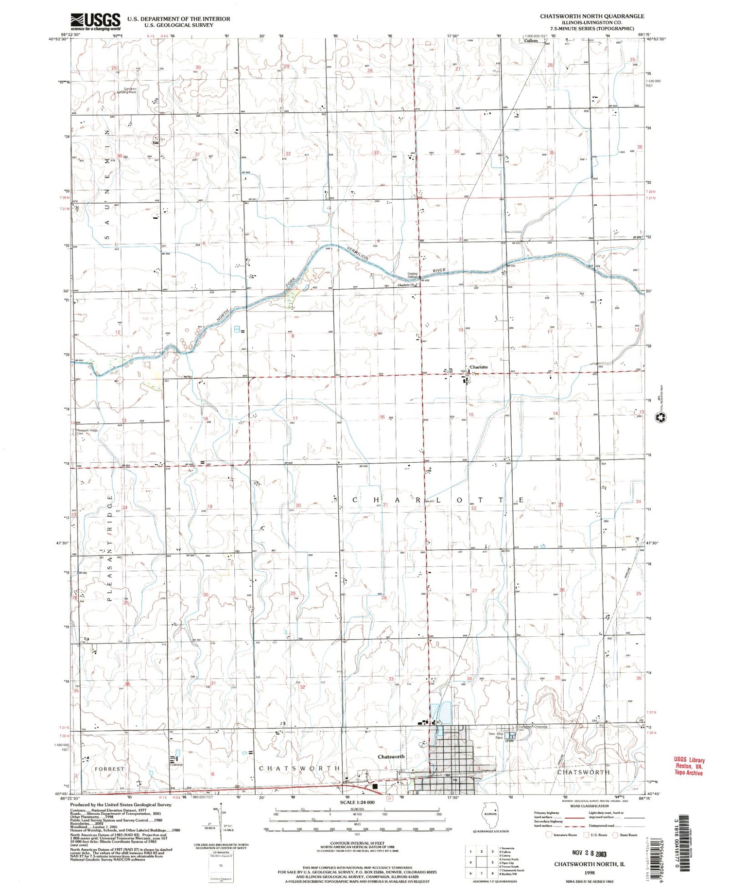 Classic USGS Chatsworth North Illinois 7.5'x7.5' Topo Map Image