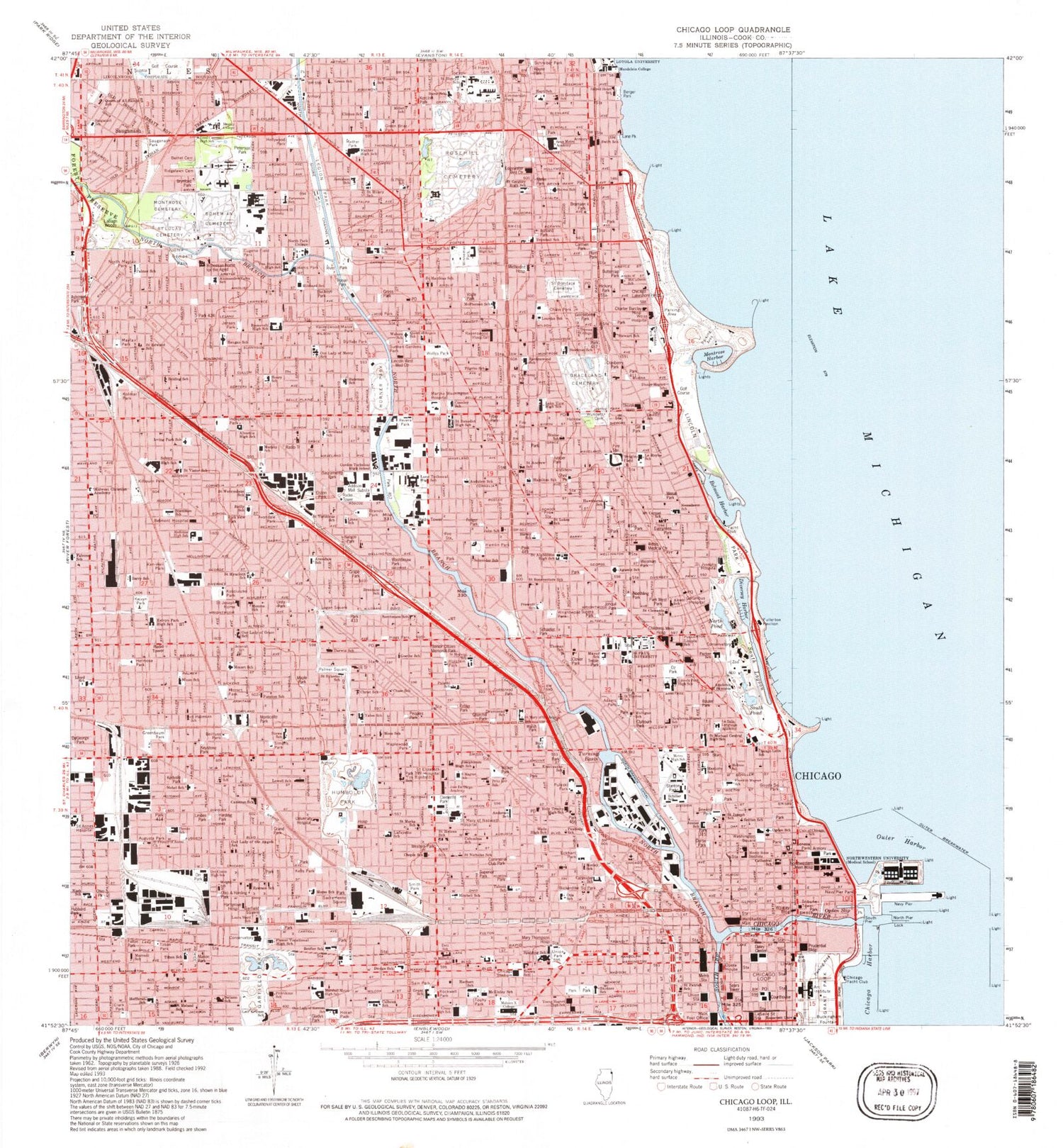 Classic USGS Chicago Loop Illinois 7.5'x7.5' Topo Map Image