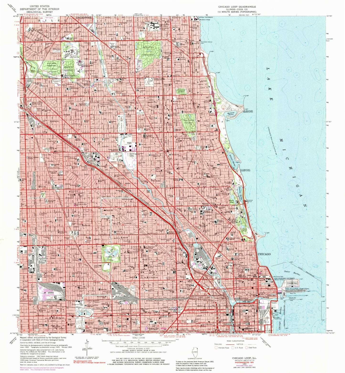 Classic USGS Chicago Loop Illinois 7.5'x7.5' Topo Map Image