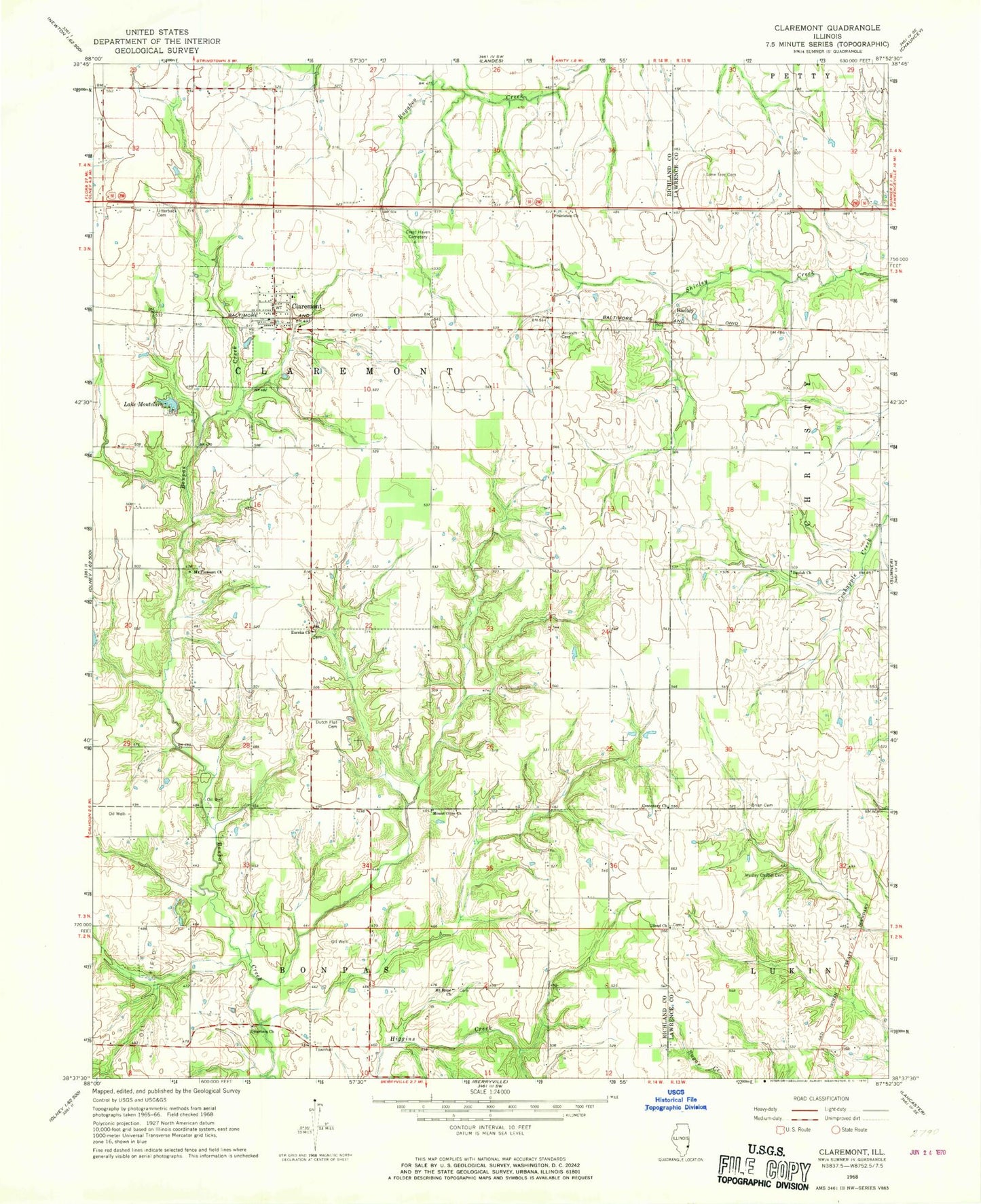 Classic USGS Claremont Illinois 7.5'x7.5' Topo Map Image