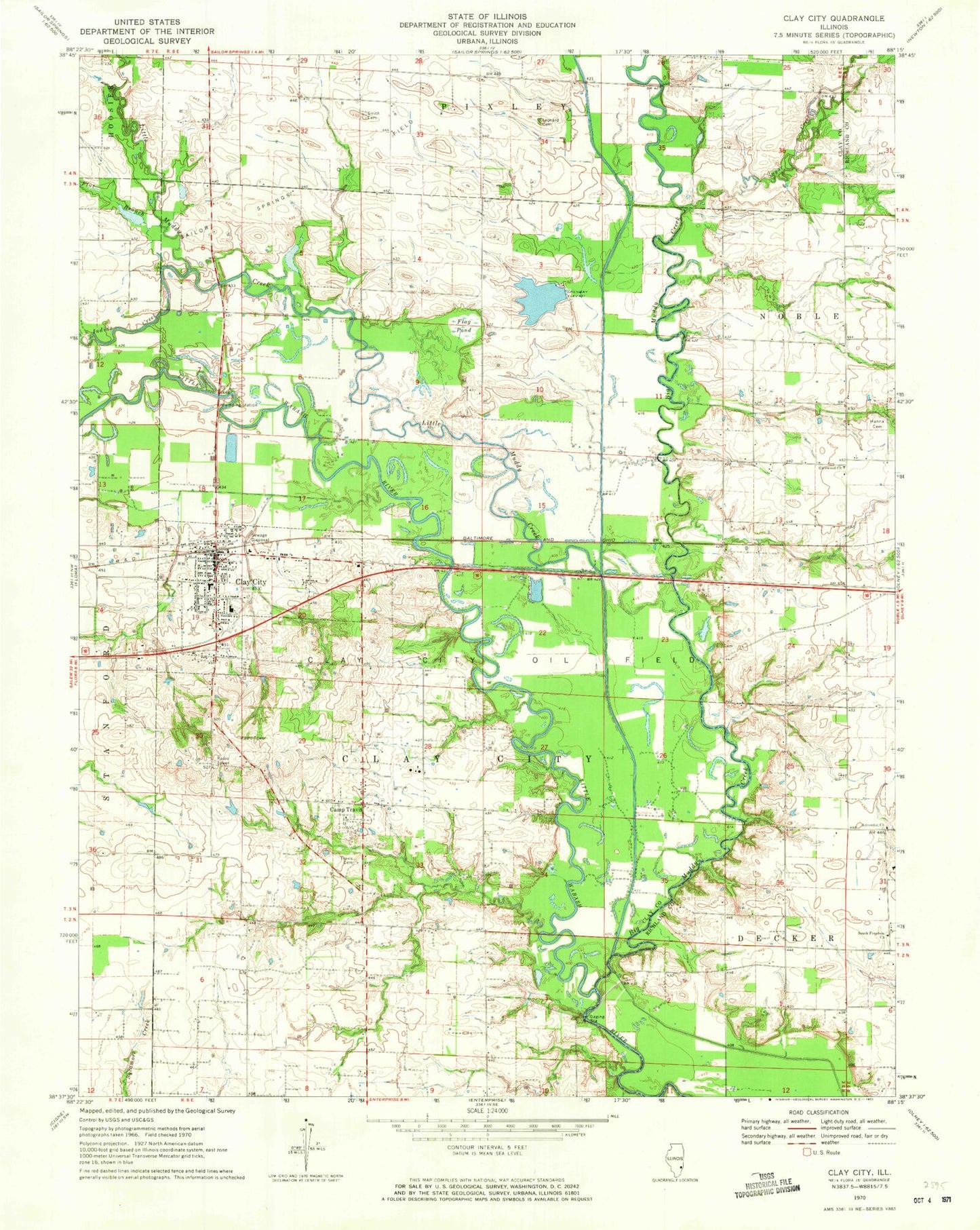 Classic USGS Clay City Illinois 7.5'x7.5' Topo Map Image