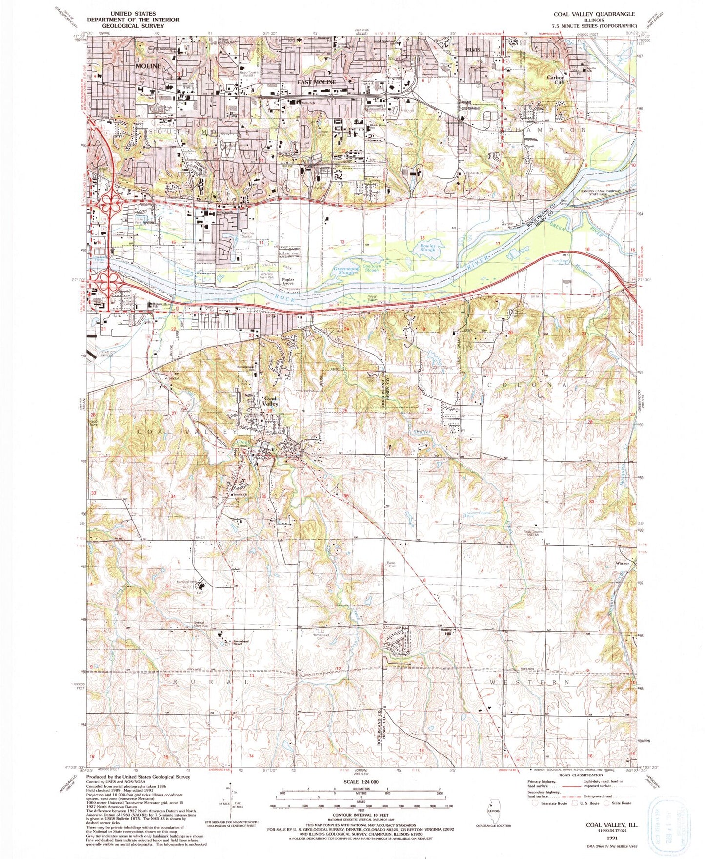Classic USGS Coal Valley Illinois 7.5'x7.5' Topo Map Image