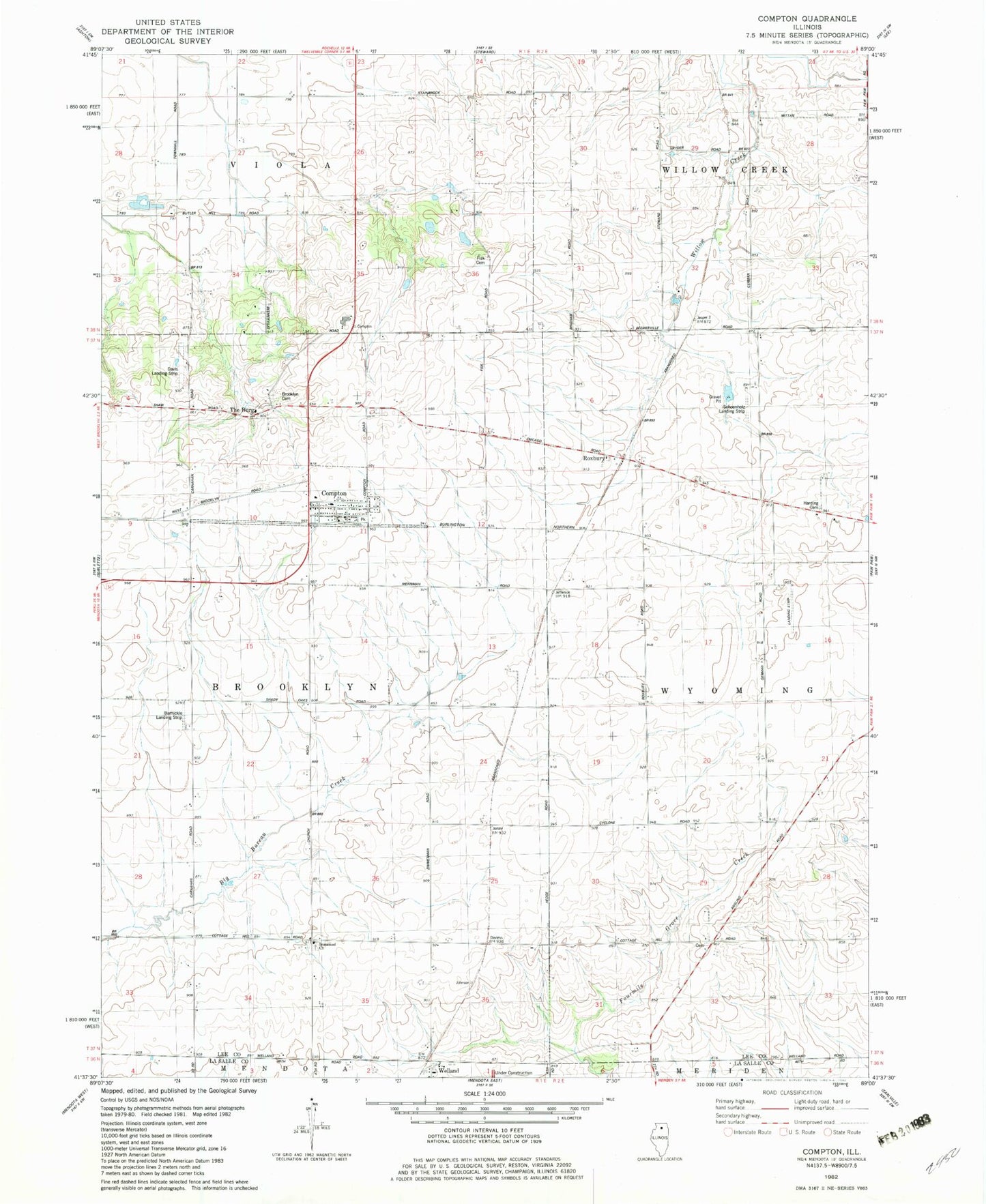 Classic USGS Compton Illinois 7.5'x7.5' Topo Map Image