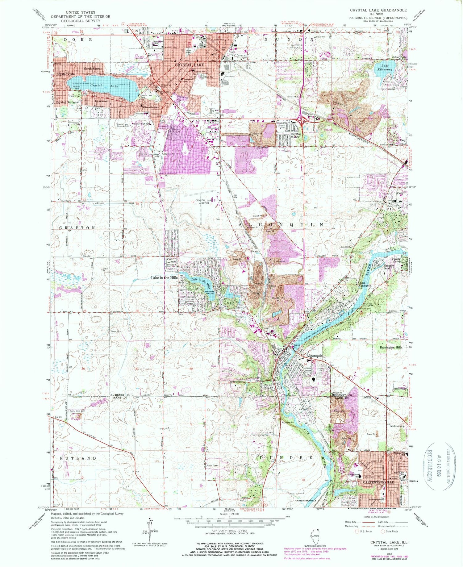 Classic USGS Crystal Lake Illinois 7.5'x7.5' Topo Map Image