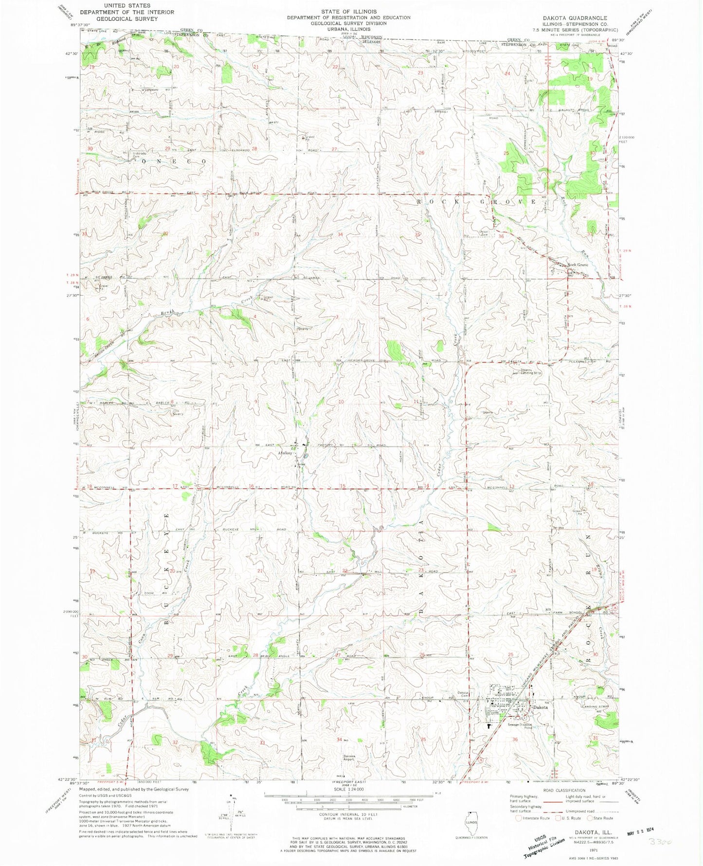 Classic USGS Dakota Illinois 7.5'x7.5' Topo Map Image