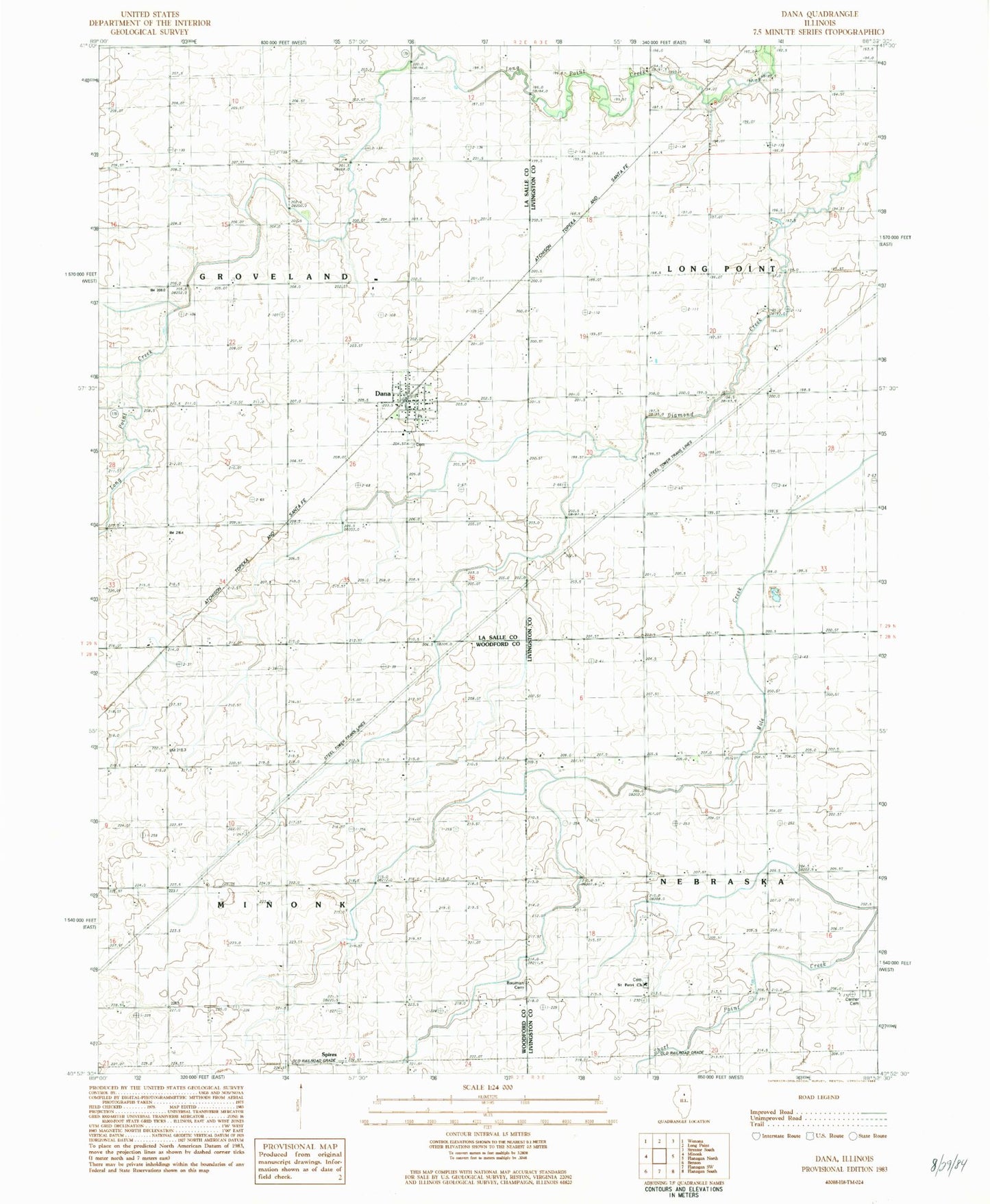 Classic USGS Dana Illinois 7.5'x7.5' Topo Map Image