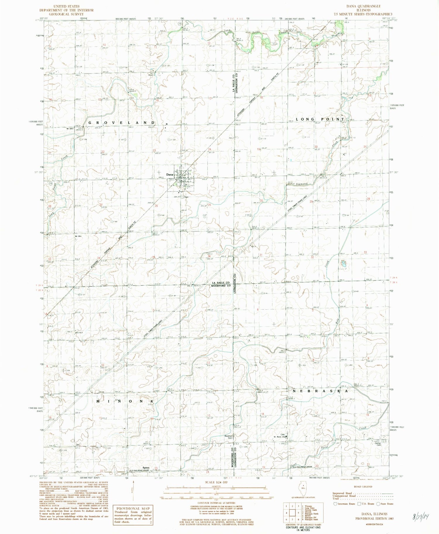 Classic USGS Dana Illinois 7.5'x7.5' Topo Map Image