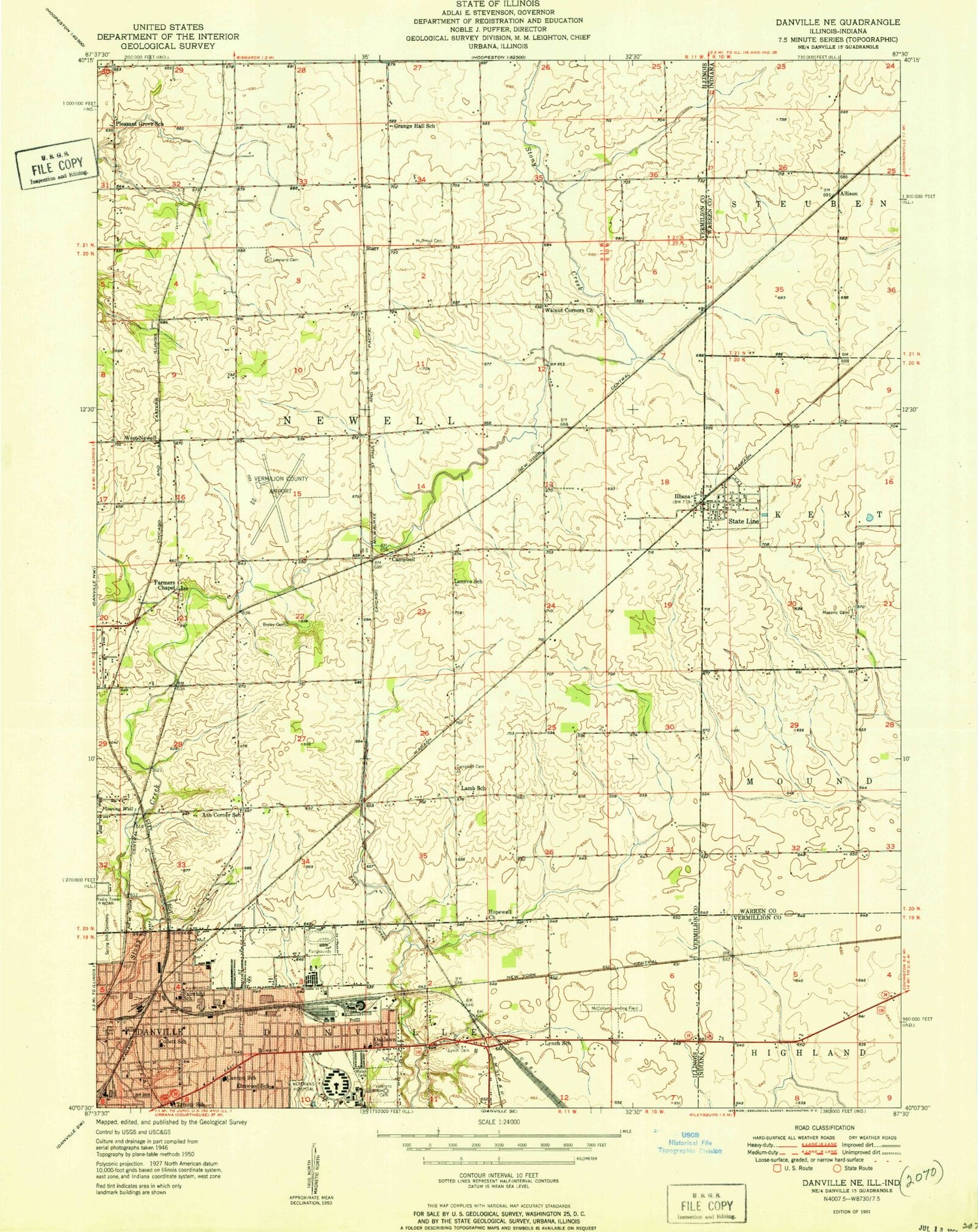 Classic USGS Danville NE Illinois 7.5'x7.5' Topo Map Image