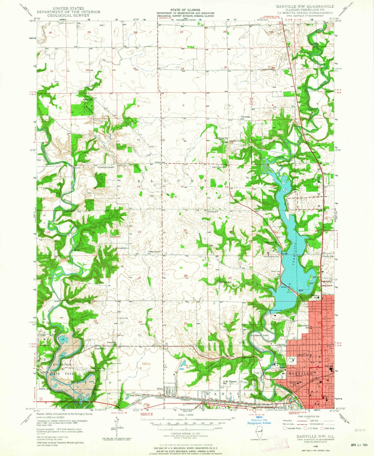 Classic USGS Danville NW Illinois 7.5'x7.5' Topo Map Image