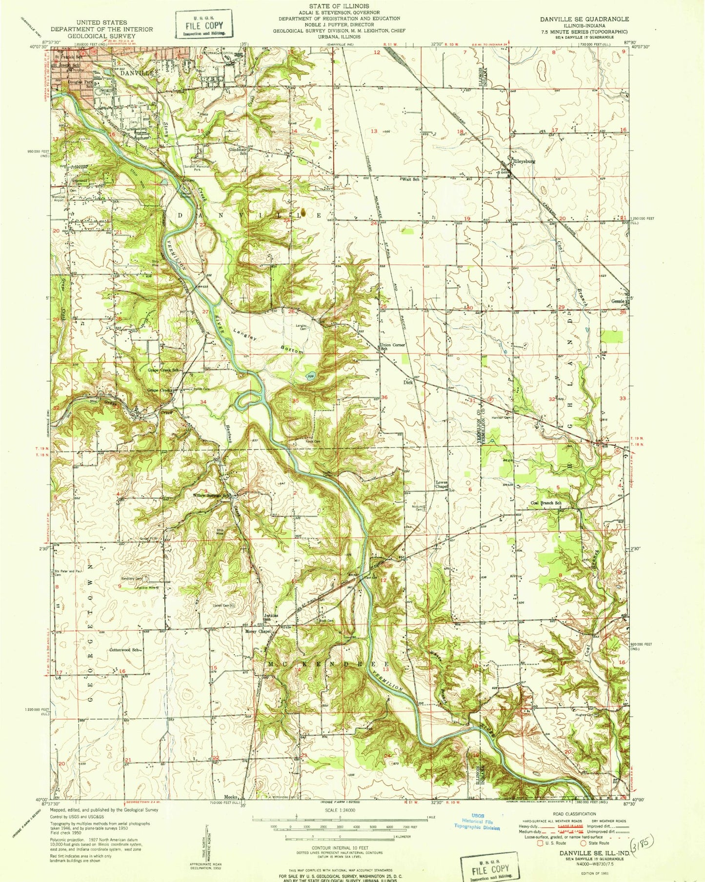 Classic USGS Danville SE Illinois 7.5'x7.5' Topo Map Image