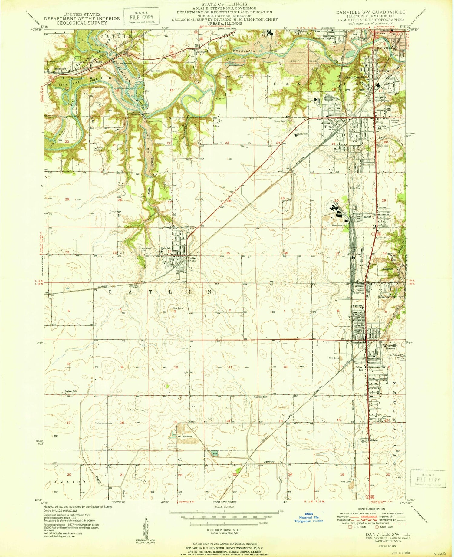 Classic USGS Danville SW Illinois 7.5'x7.5' Topo Map Image