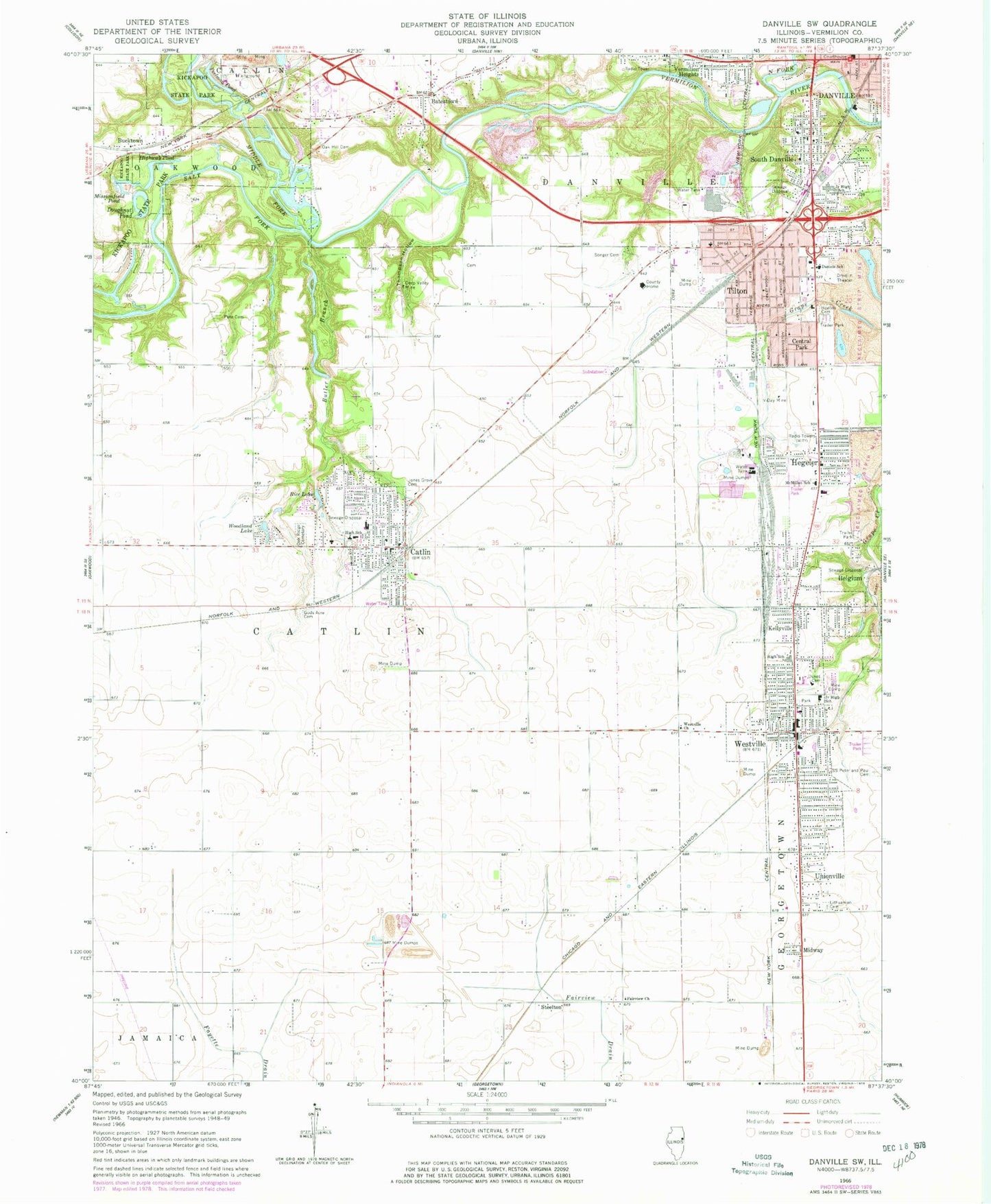 Classic USGS Danville SW Illinois 7.5'x7.5' Topo Map Image