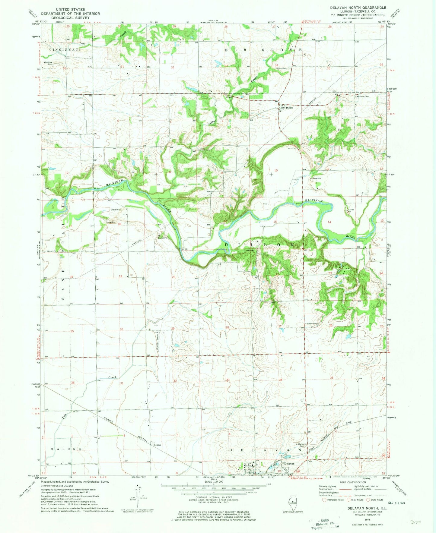 Classic USGS Delavan North Illinois 7.5'x7.5' Topo Map Image