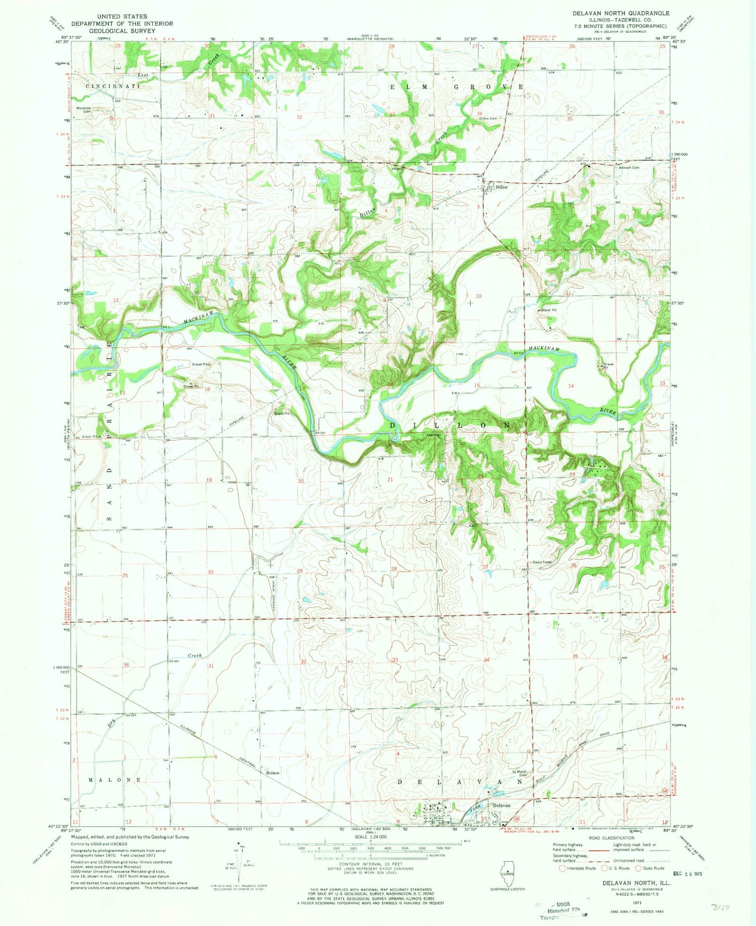 Classic USGS Delavan North Illinois 7.5'x7.5' Topo Map Image