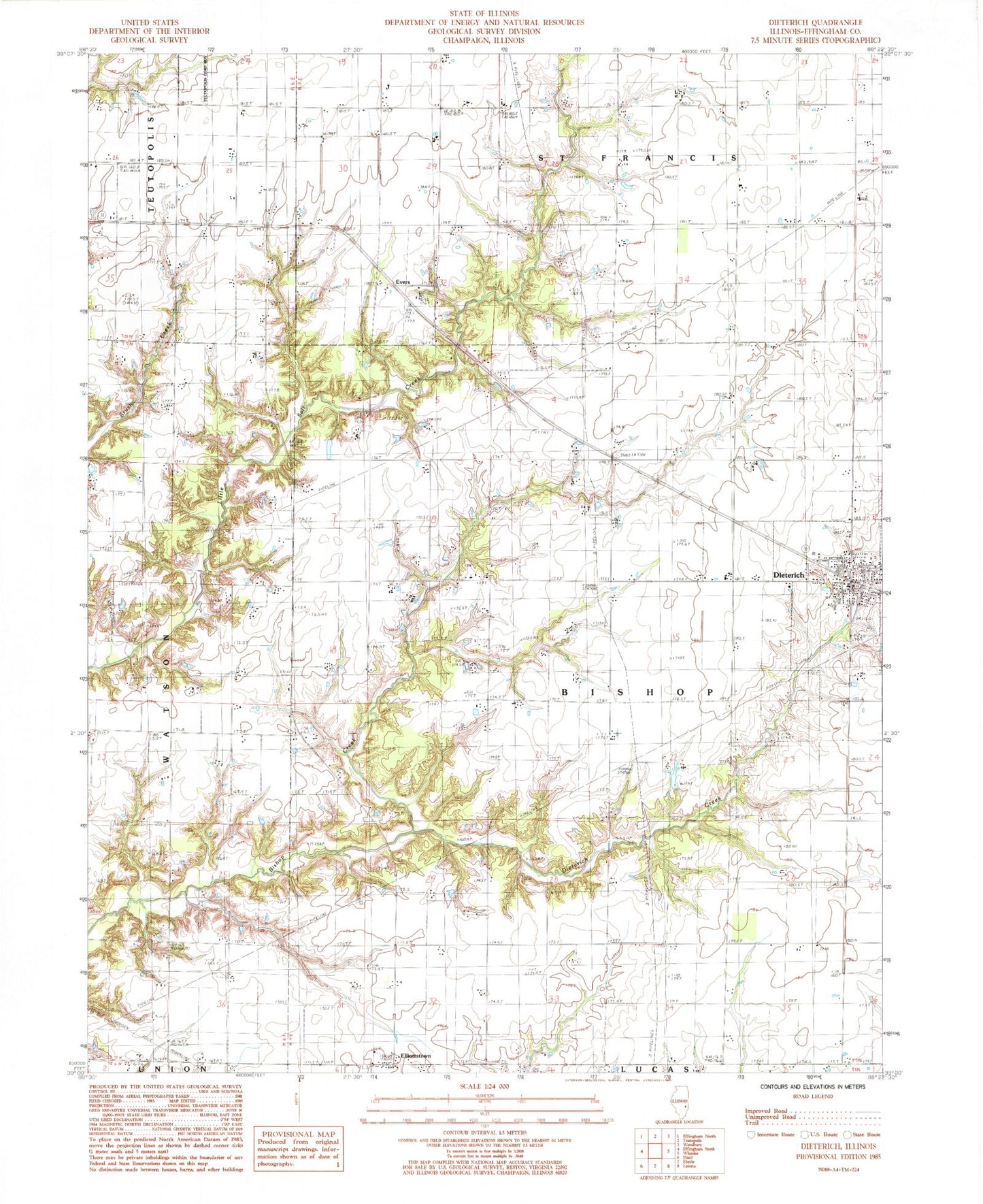 Classic USGS Dieterich Illinois 7.5'x7.5' Topo Map Image